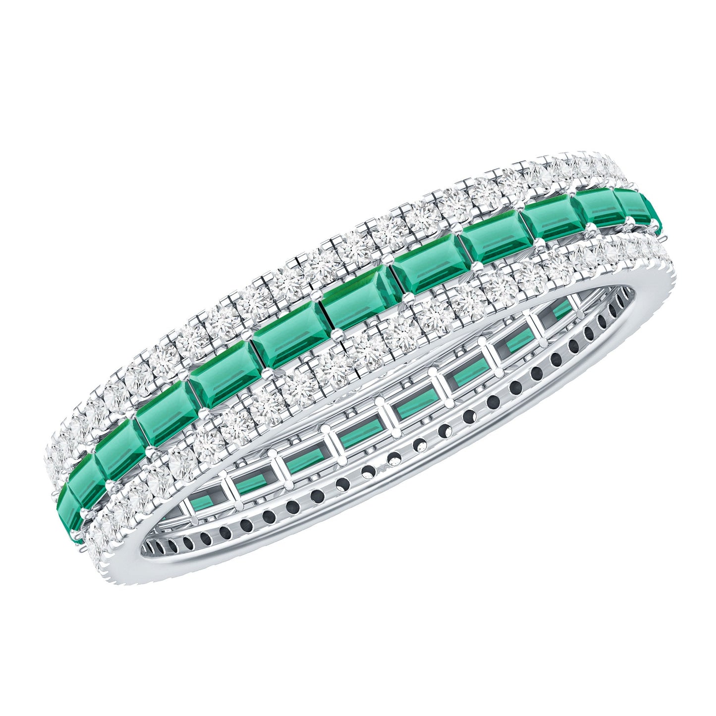 Baguette Cut Lab Grown Emerald and Moissanite Wedding Band