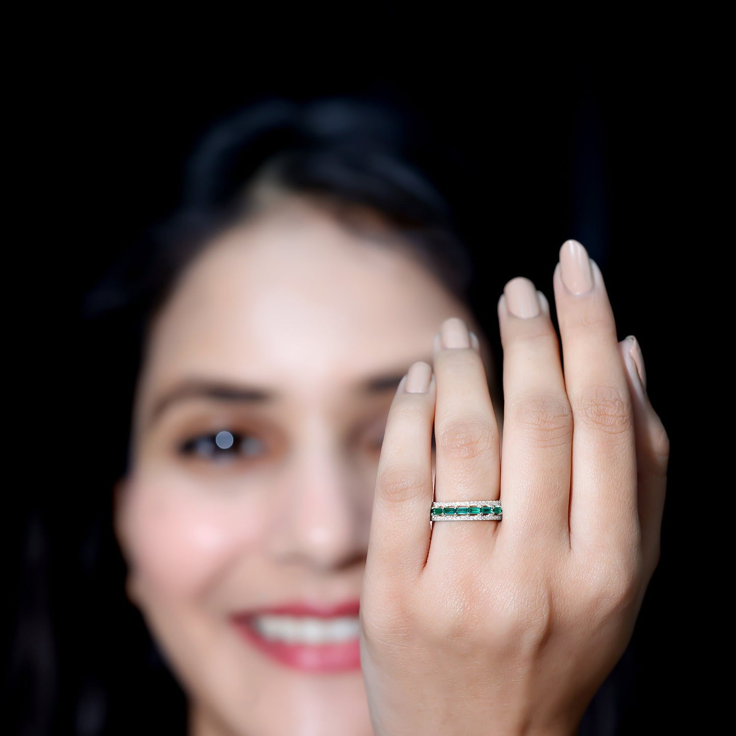 Baguette Cut Lab Grown Emerald and Moissanite Wedding Band