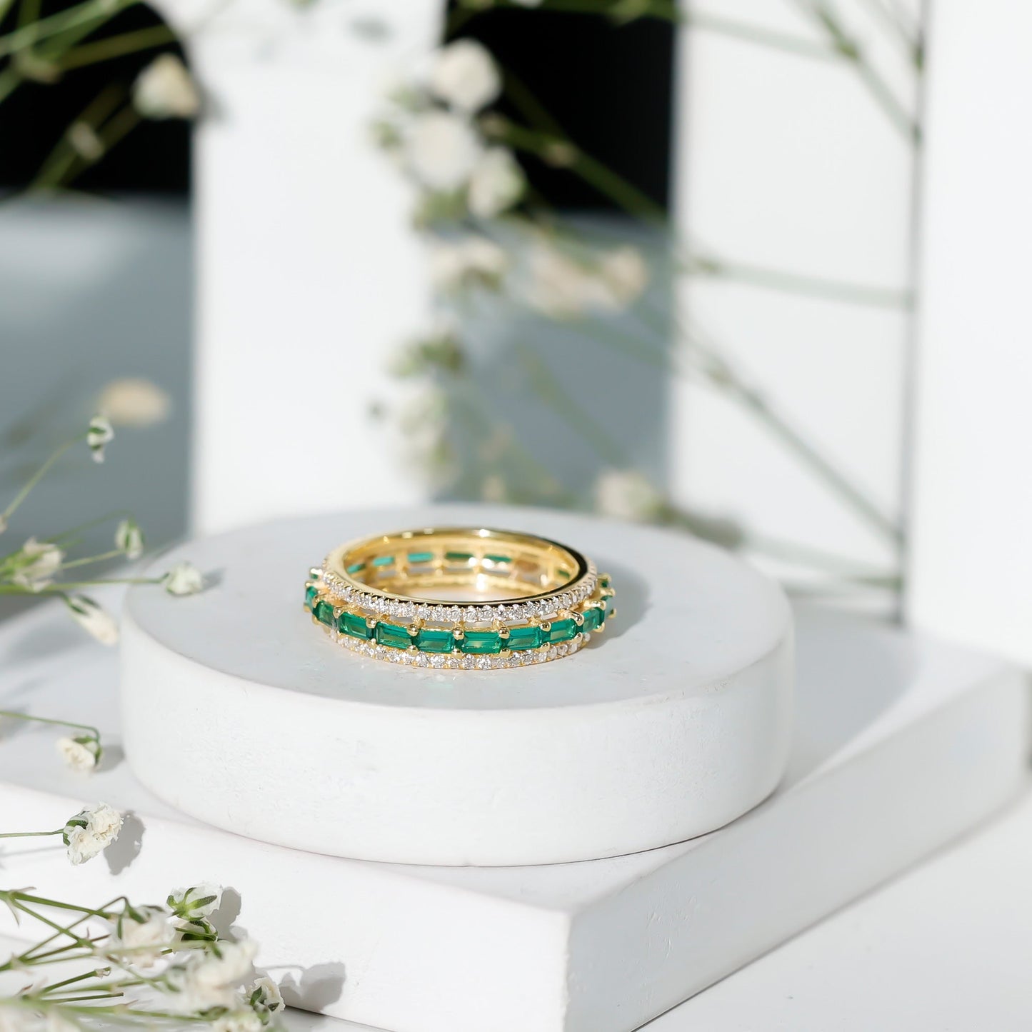 Baguette Cut Lab Grown Emerald and Moissanite Wedding Band