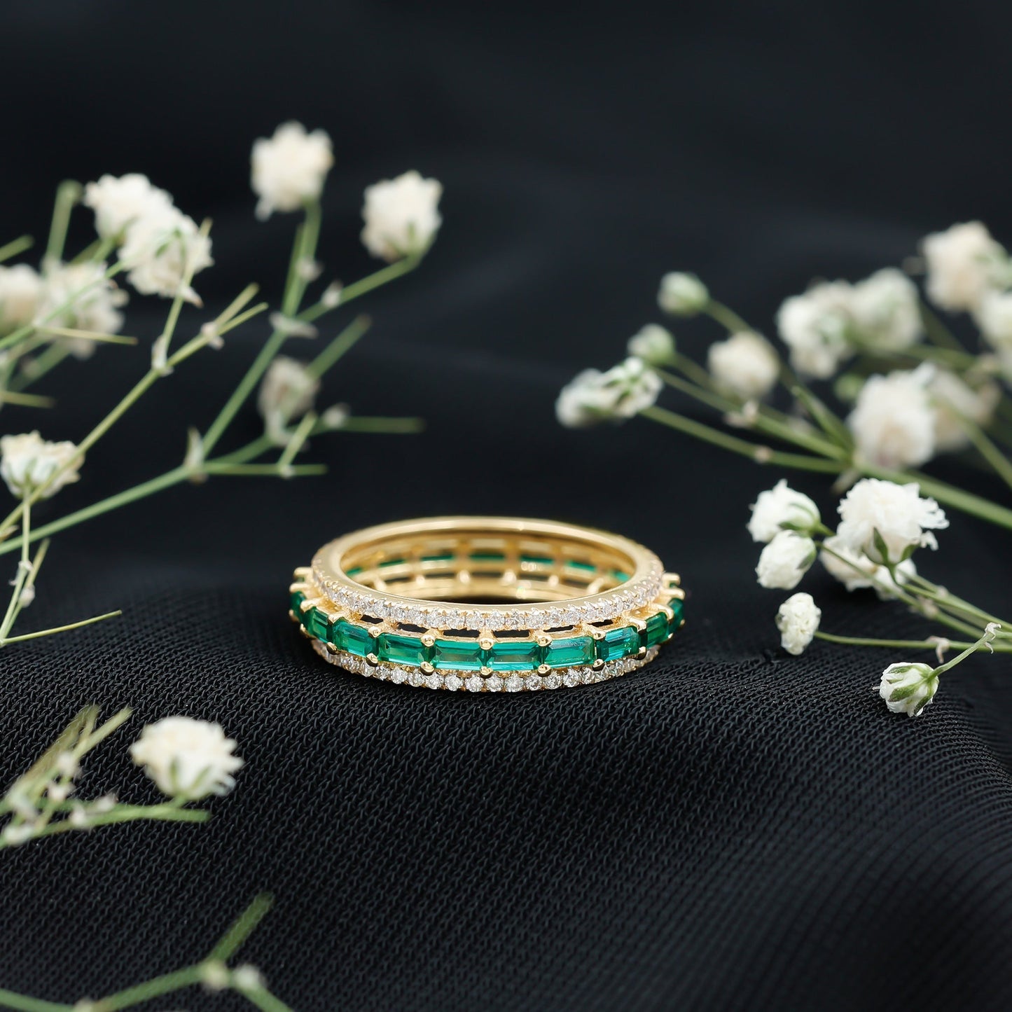 Baguette Cut Lab Grown Emerald and Moissanite Wedding Band