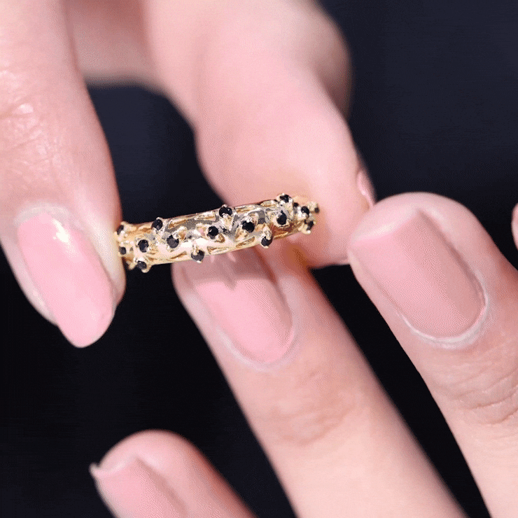 Round Cut Certified Black Onyx Filigree Wedding Band