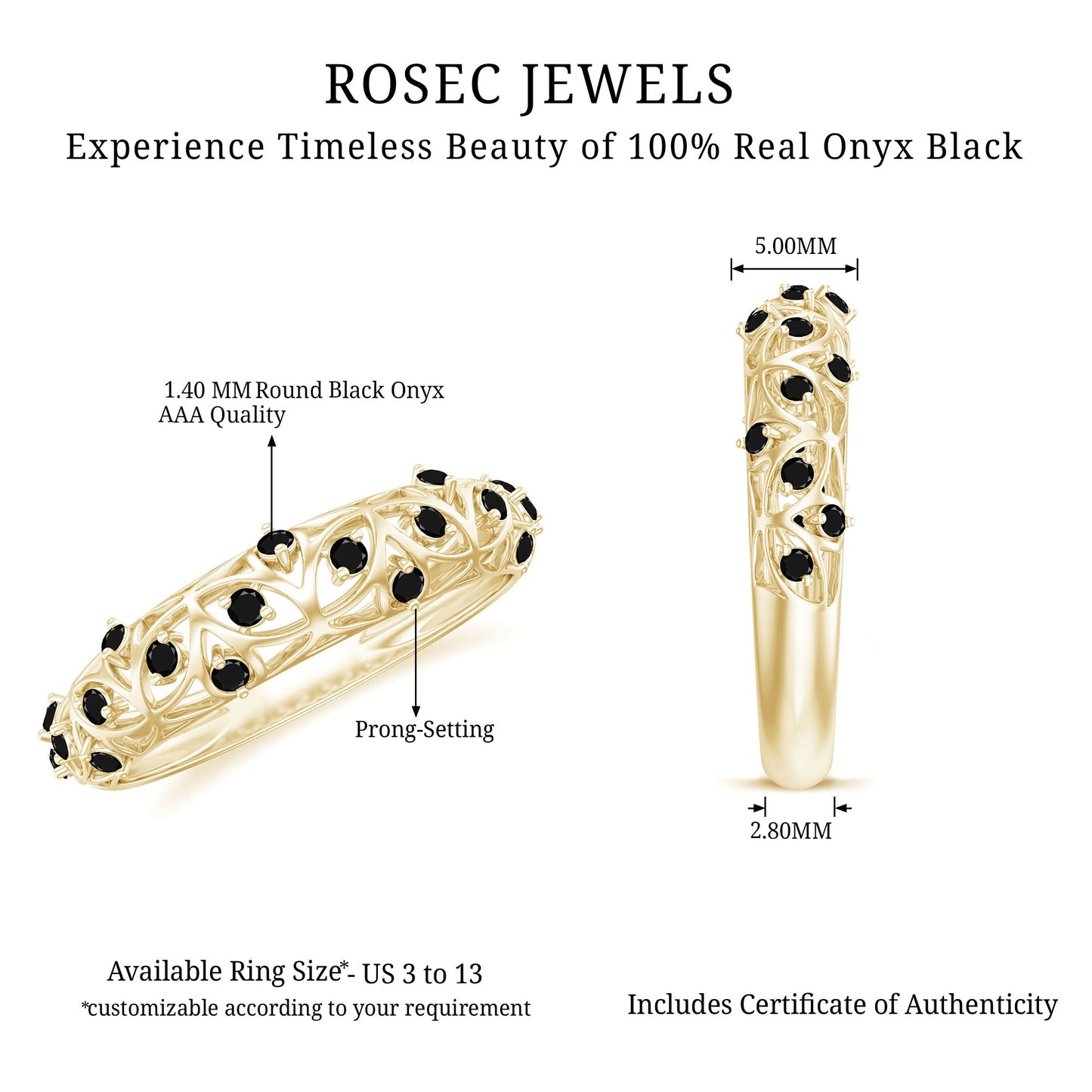 Round Cut Certified Black Onyx Filigree Wedding Band