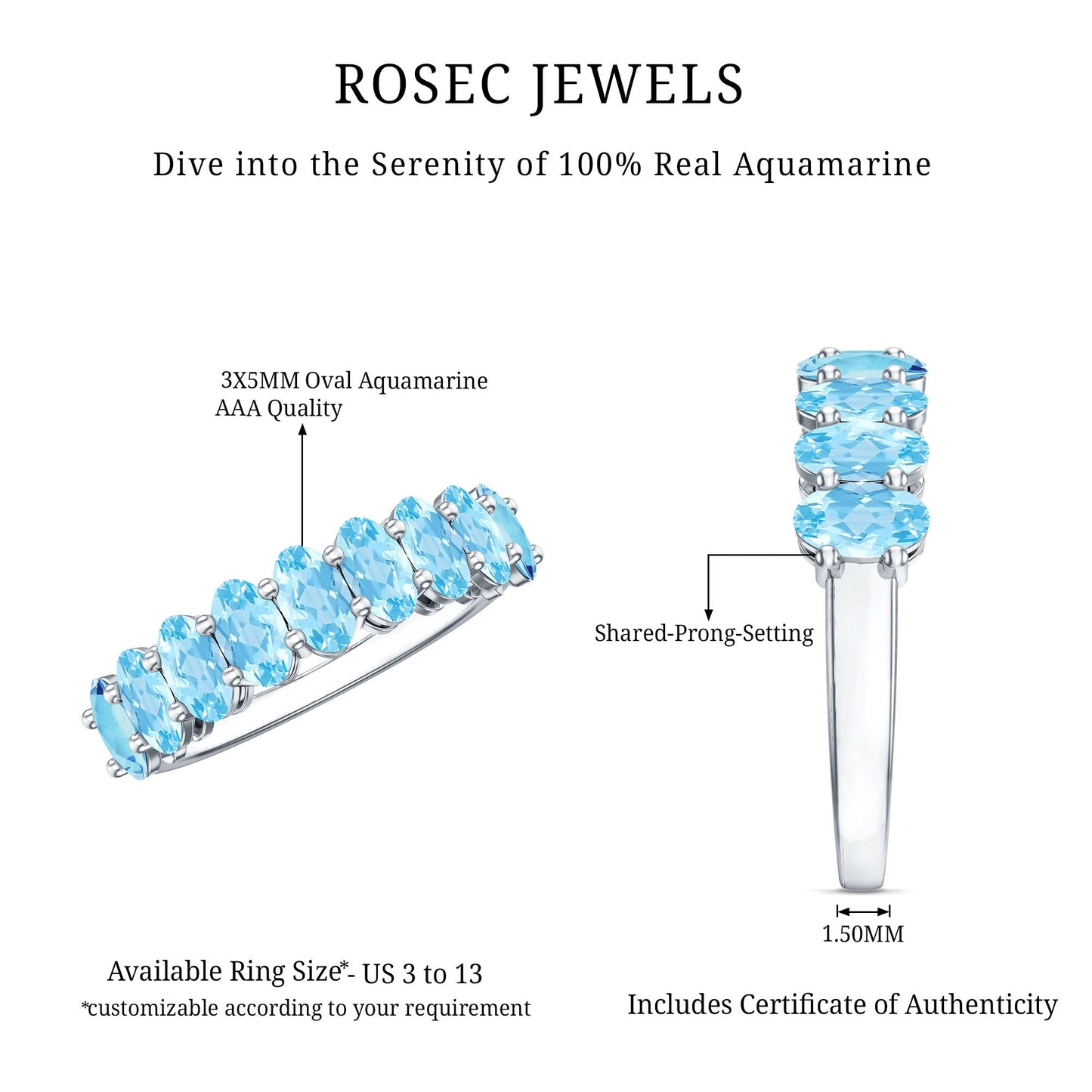 Genuine Oval Cut Aquamarine Half Eternity Ring for Women