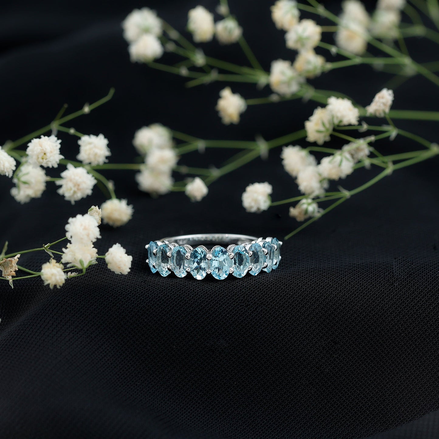 Genuine Oval Cut Aquamarine Half Eternity Ring for Women