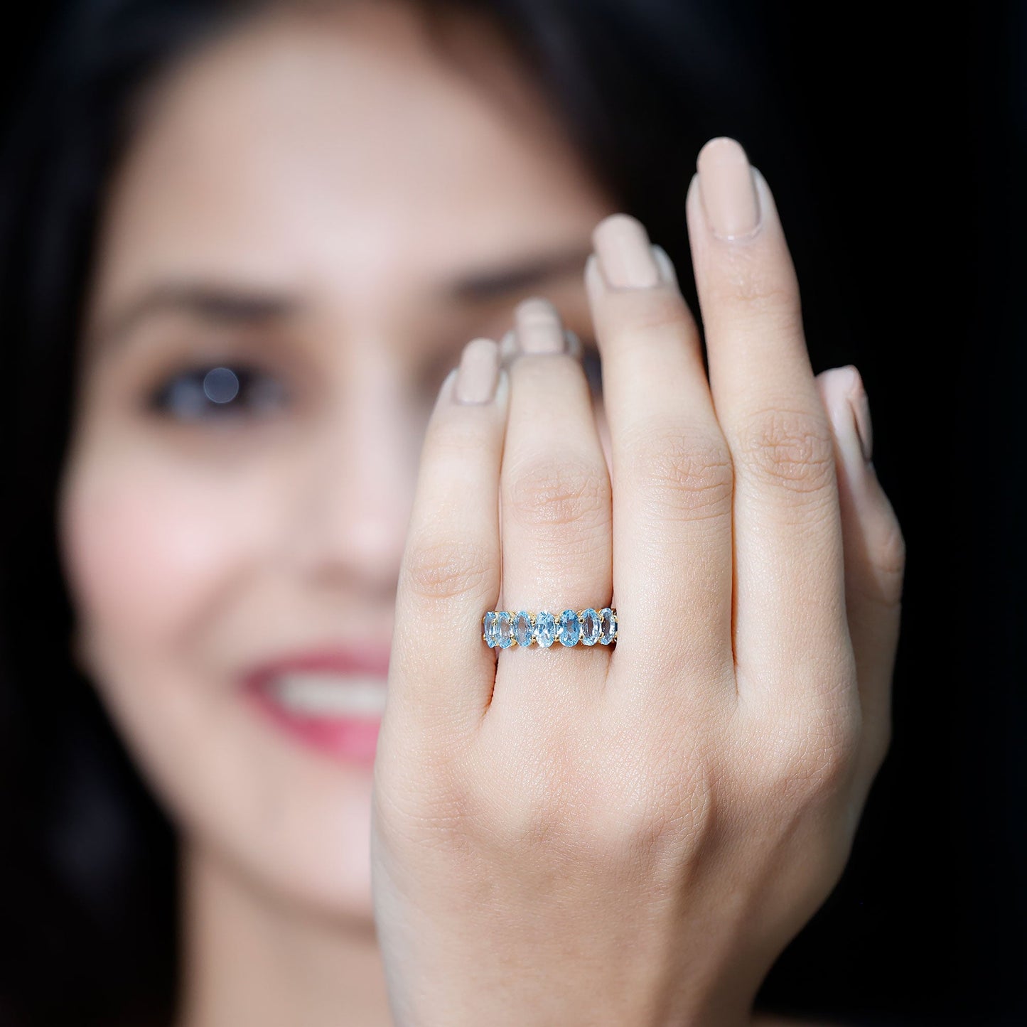 Genuine Oval Cut Aquamarine Half Eternity Ring for Women