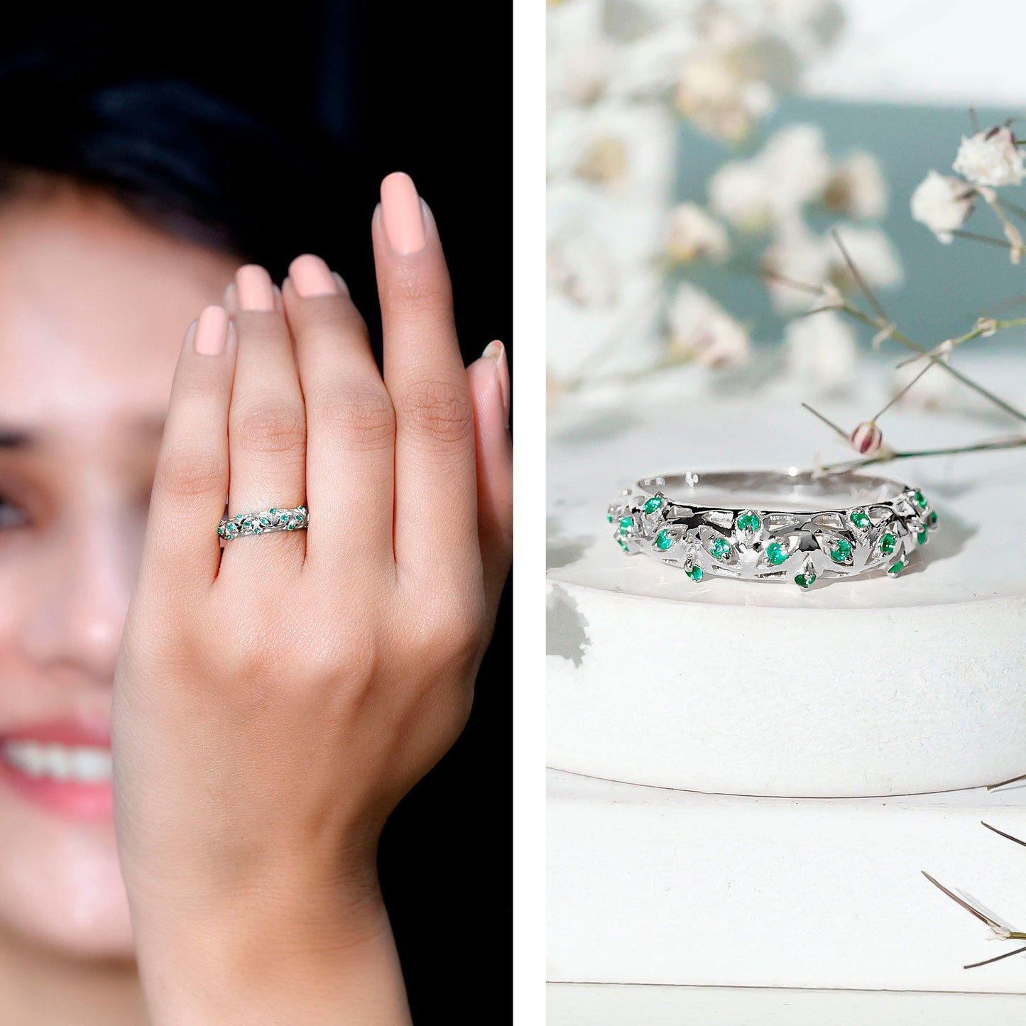 Natural Emerald Filigree Wedding Band for Women