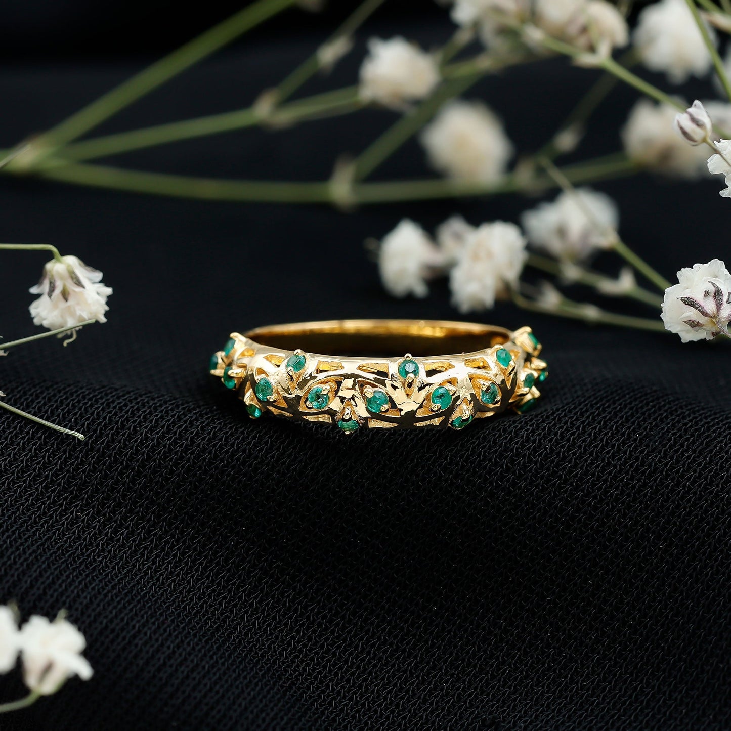 Natural Emerald Filigree Wedding Band for Women