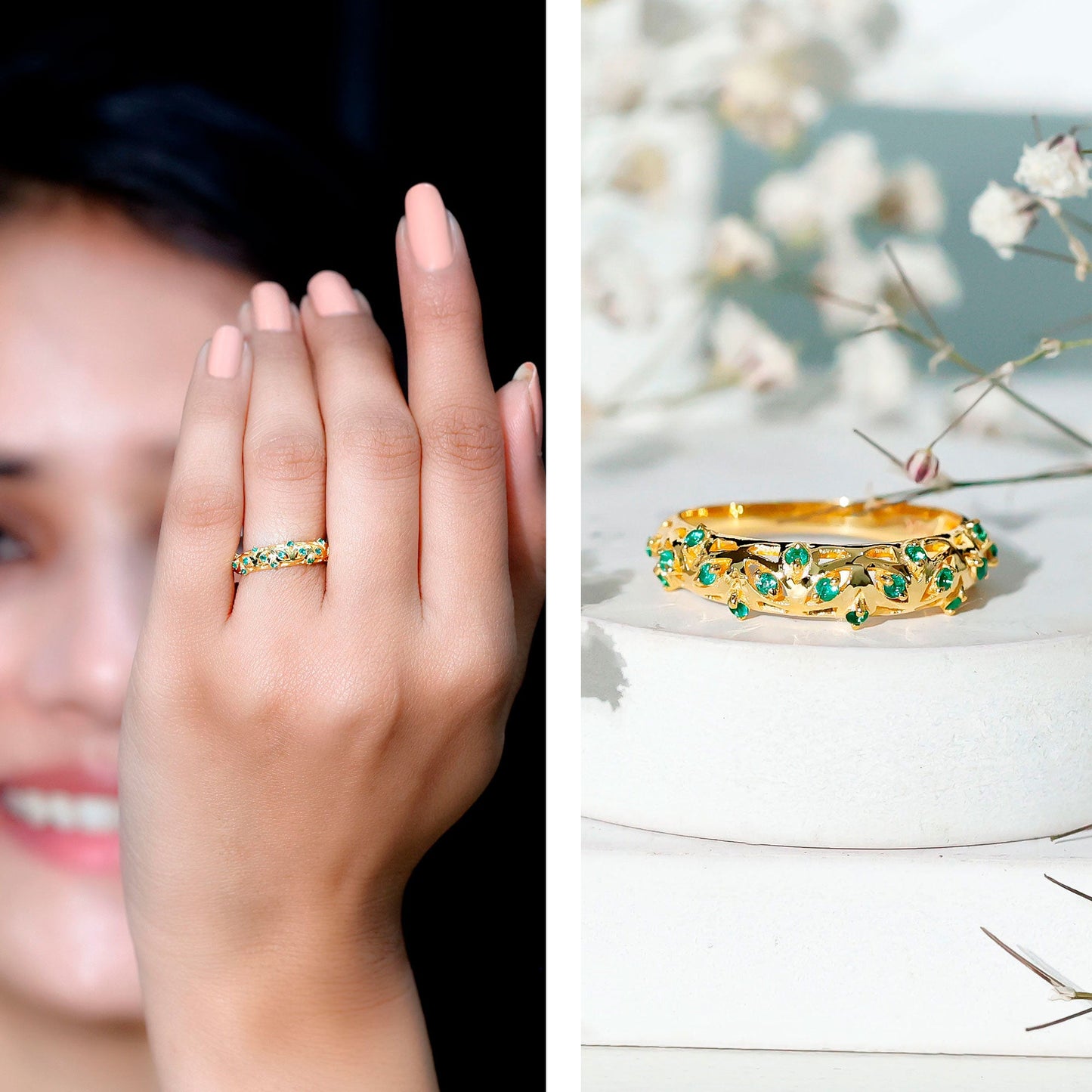 Natural Emerald Filigree Wedding Band for Women
