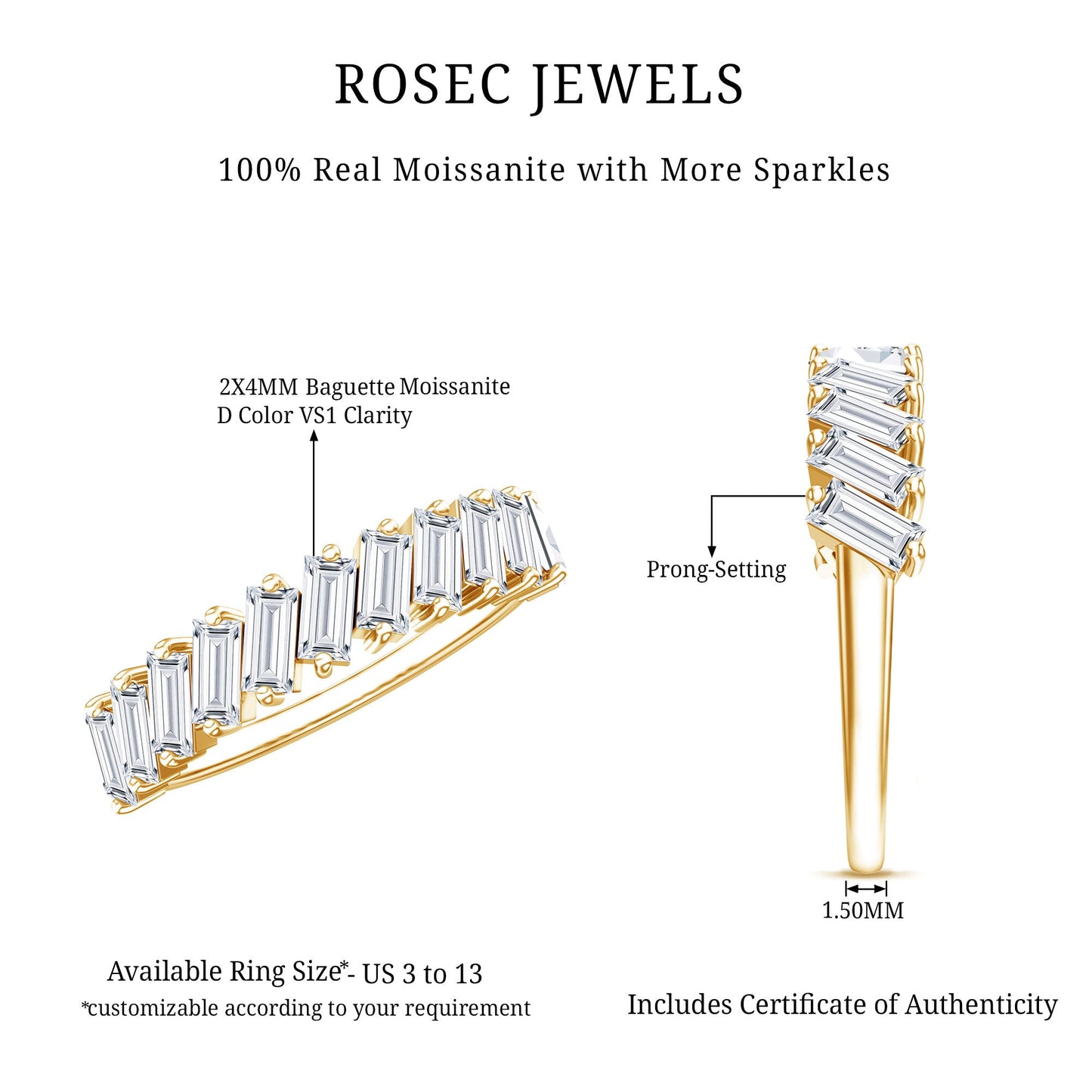 Certified Moissanite Baguette Cut Half Eternity Ring