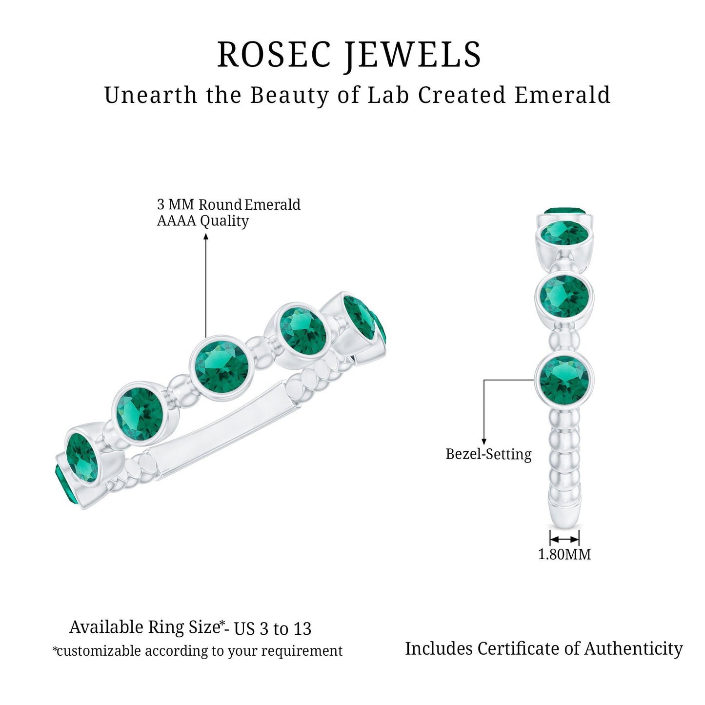 Bezel Set Lab Grown Emerald 7 Stone Half Eternity Ring with Certificate