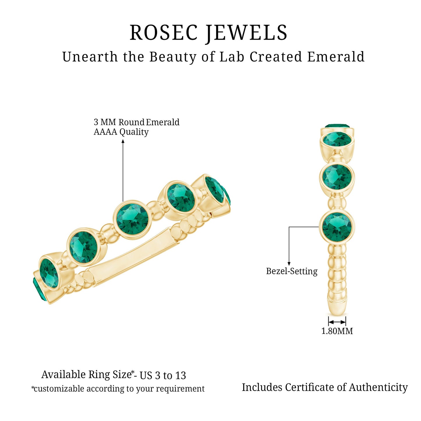 Bezel Set Lab Grown Emerald 7 Stone Half Eternity Ring with Certificate