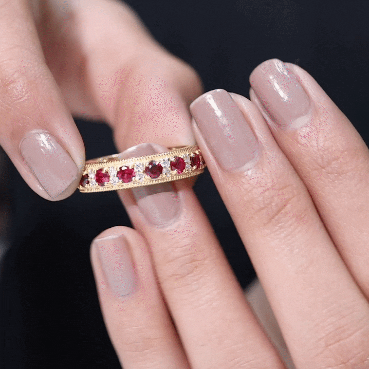 Round Cut Lab Created Ruby and Diamond Wedding Band