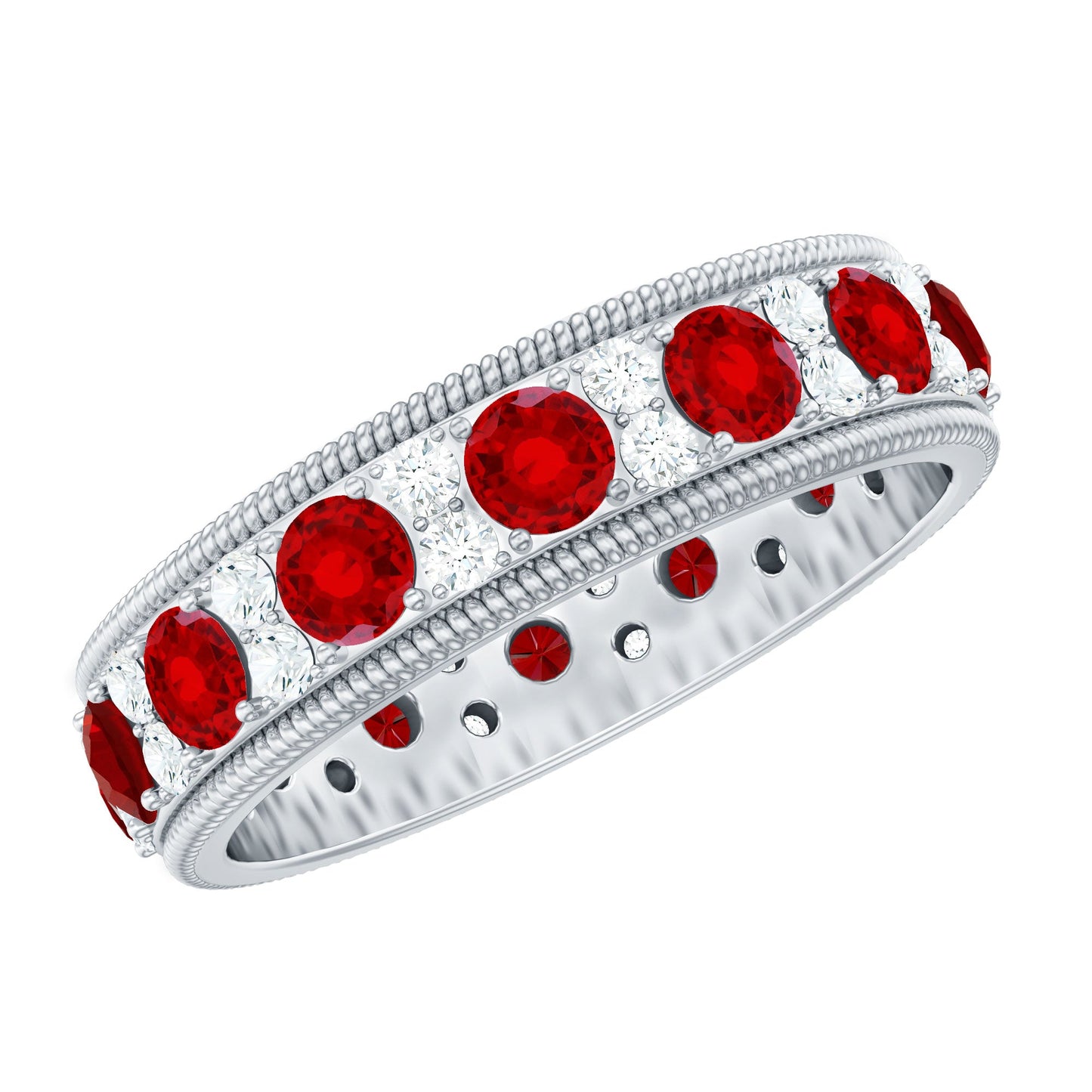 Round Cut Lab Created Ruby and Diamond Wedding Band