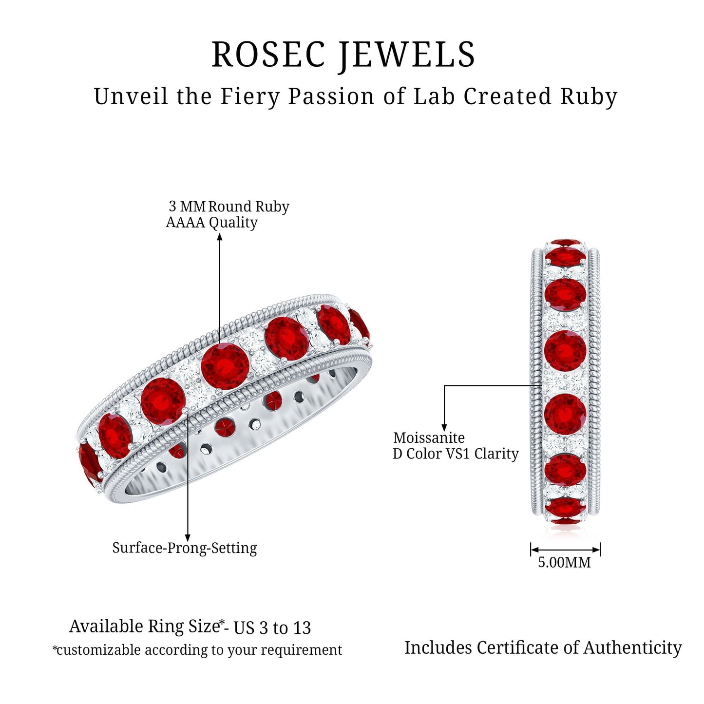 Round Cut Lab Created Ruby and Diamond Wedding Band