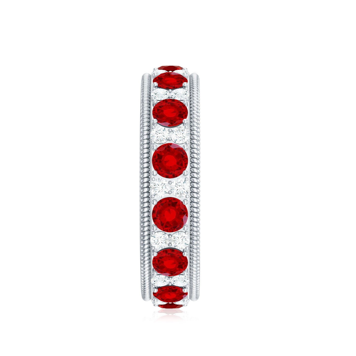 Round Cut Lab Created Ruby and Diamond Wedding Band