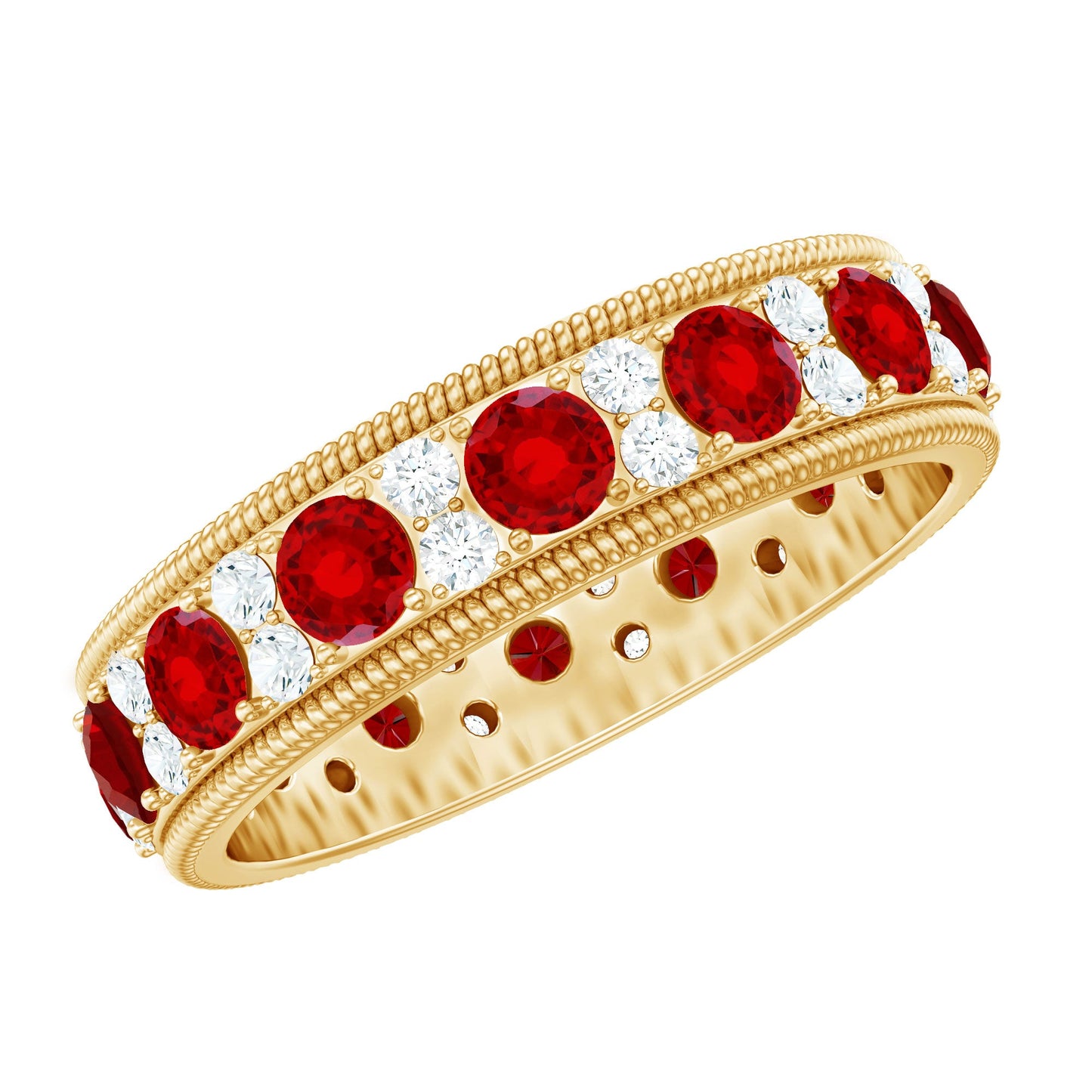 Round Cut Lab Created Ruby and Diamond Wedding Band