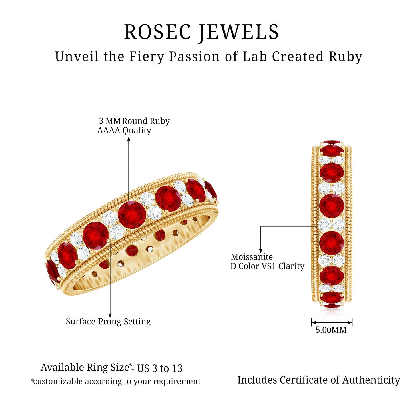 Round Cut Lab Created Ruby and Diamond Wedding Band