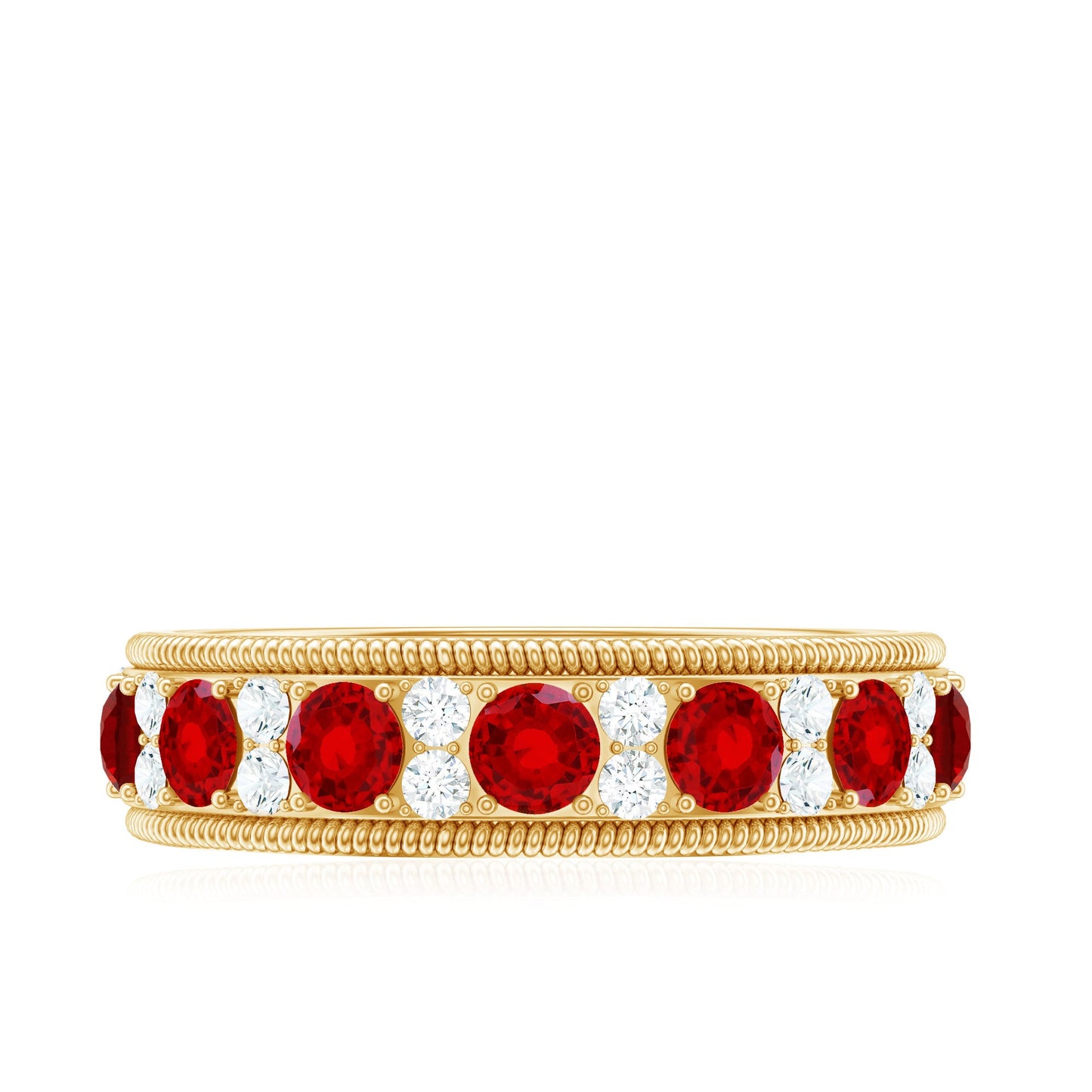 Round Cut Lab Created Ruby and Diamond Wedding Band