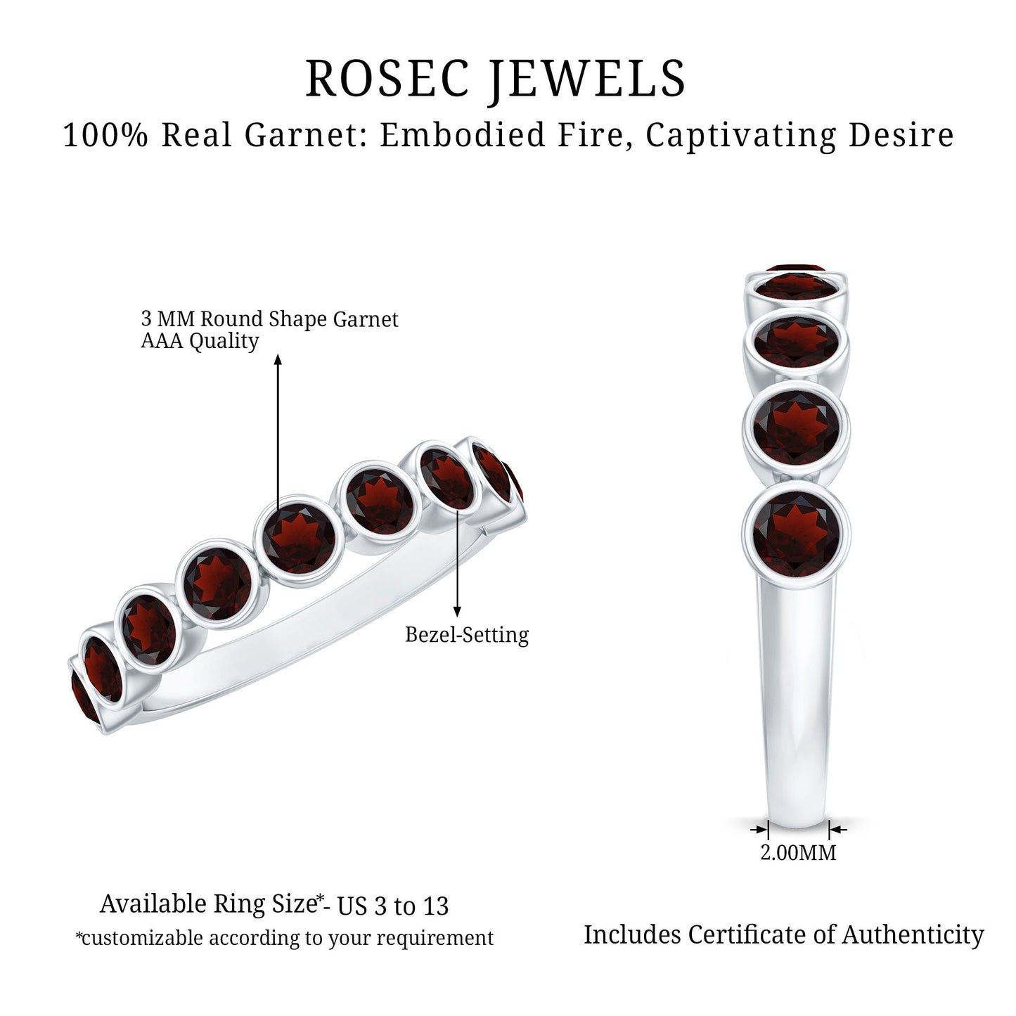 Certified Real Garnet Half Eternity Ring in Bezel Setting