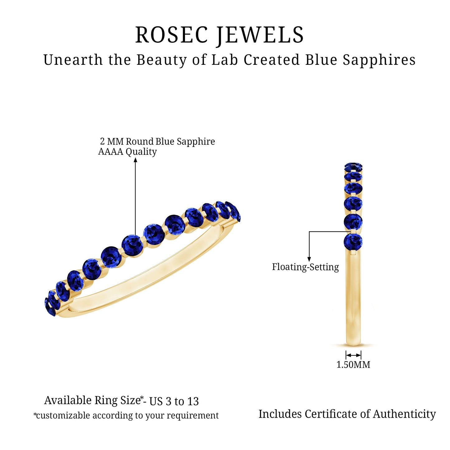 Certified Lab Grown Blue Sapphire Half Eternity Ring for Women