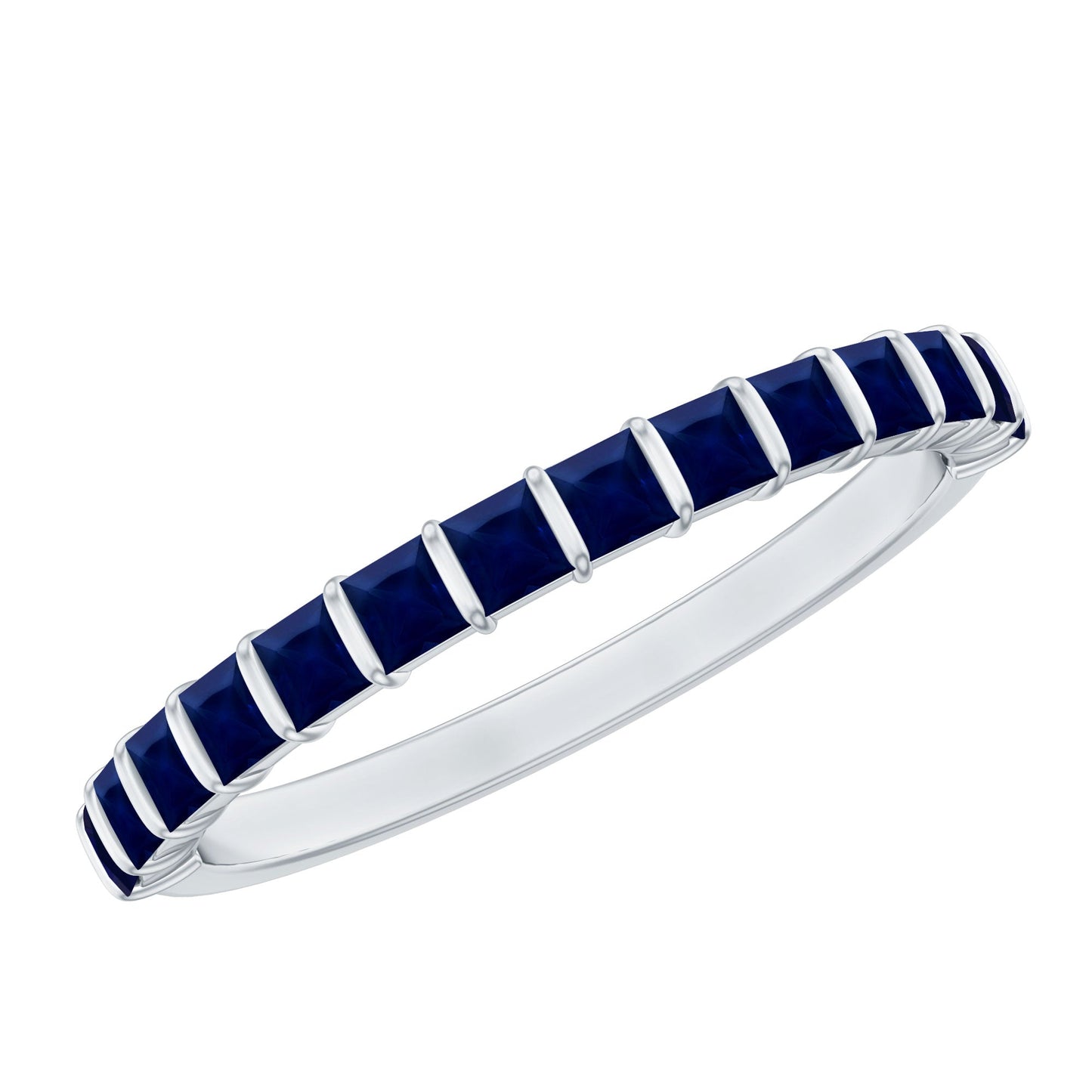 Princess Cut Blue Sapphire Half Eternity Wedding Band For Women