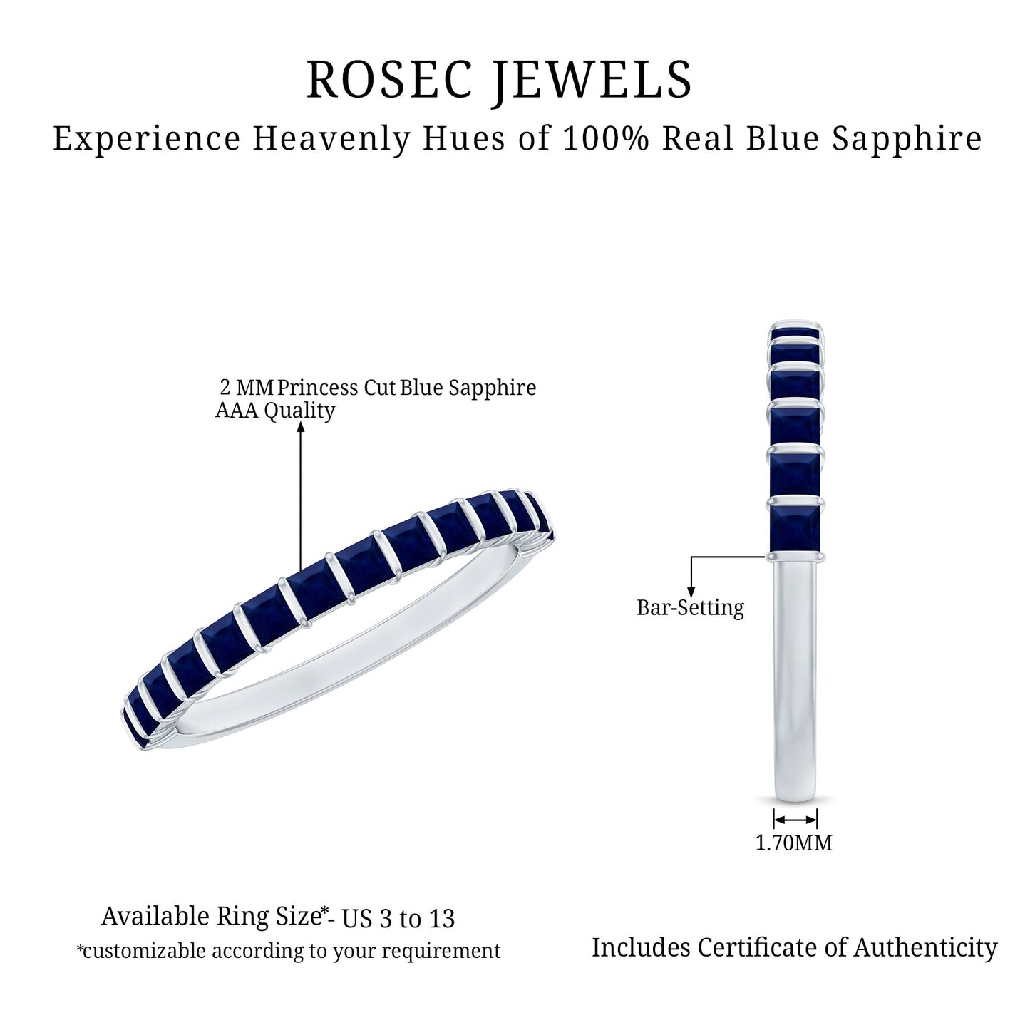 Princess Cut Blue Sapphire Half Eternity Wedding Band For Women
