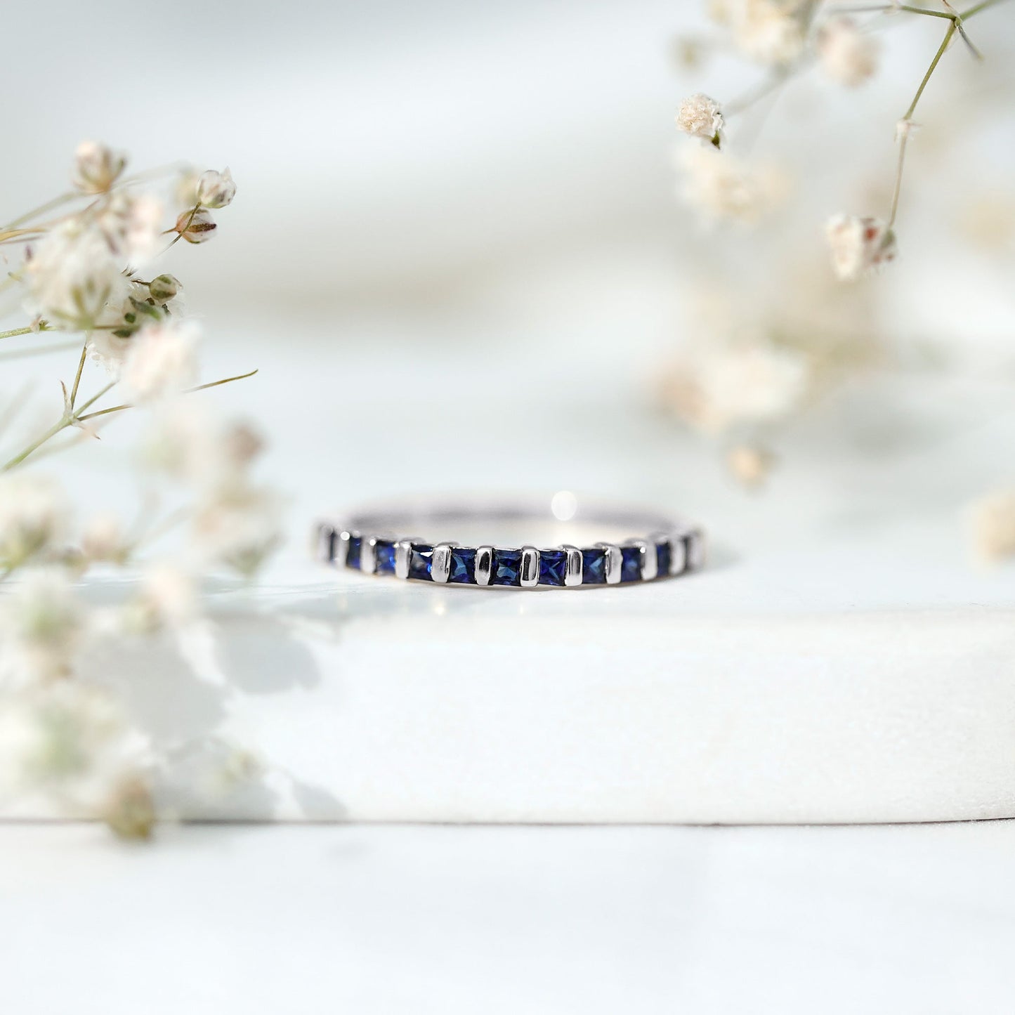 Princess Cut Blue Sapphire Half Eternity Wedding Band For Women