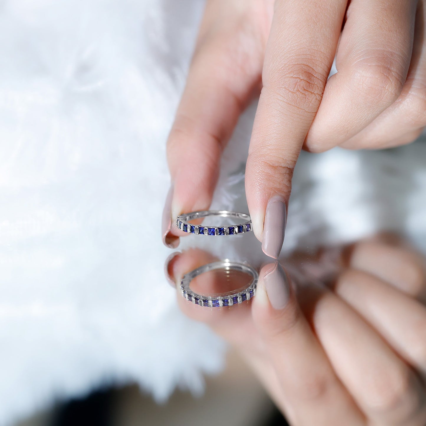 Princess Cut Blue Sapphire Half Eternity Wedding Band For Women
