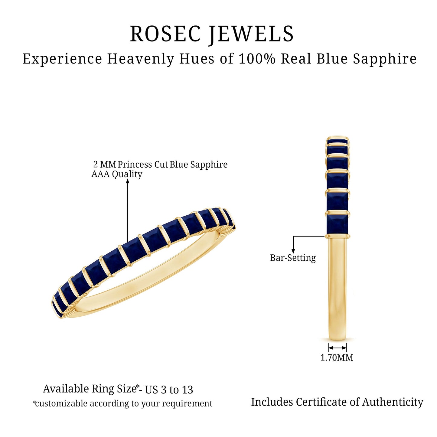 Princess Cut Blue Sapphire Half Eternity Wedding Band For Women