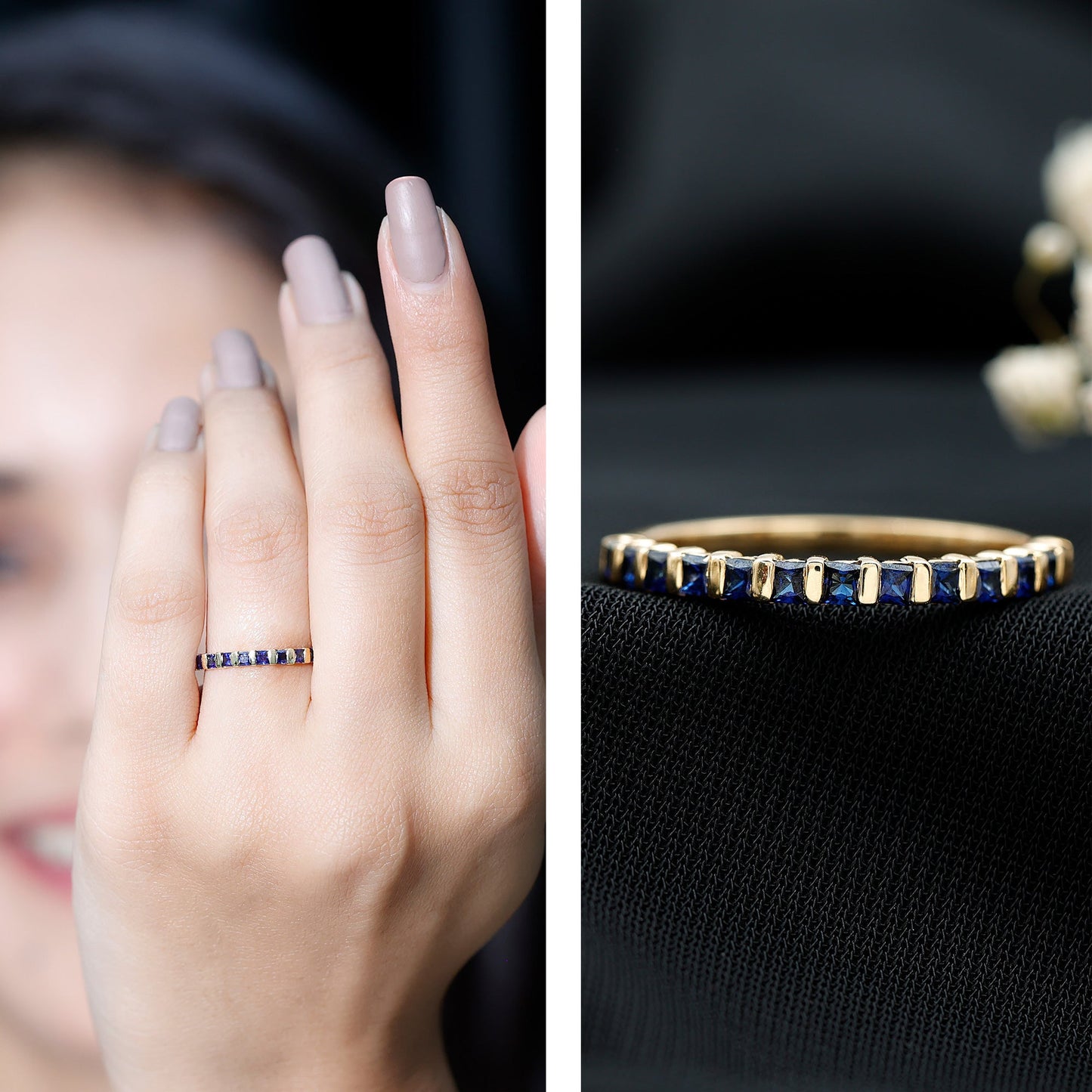 Princess Cut Blue Sapphire Half Eternity Wedding Band For Women