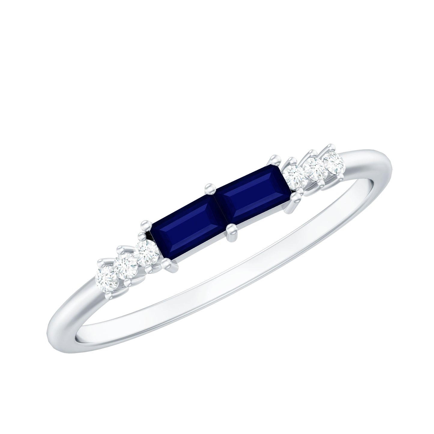 Natural Baguette Shape Blue Sapphire Promise Ring with Diamond