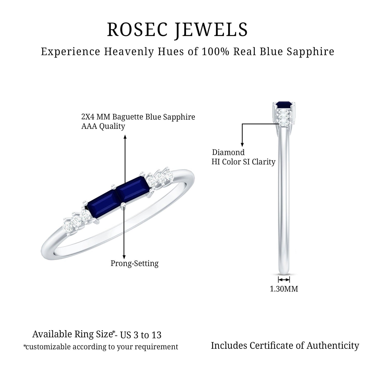 Natural Baguette Shape Blue Sapphire Promise Ring with Diamond