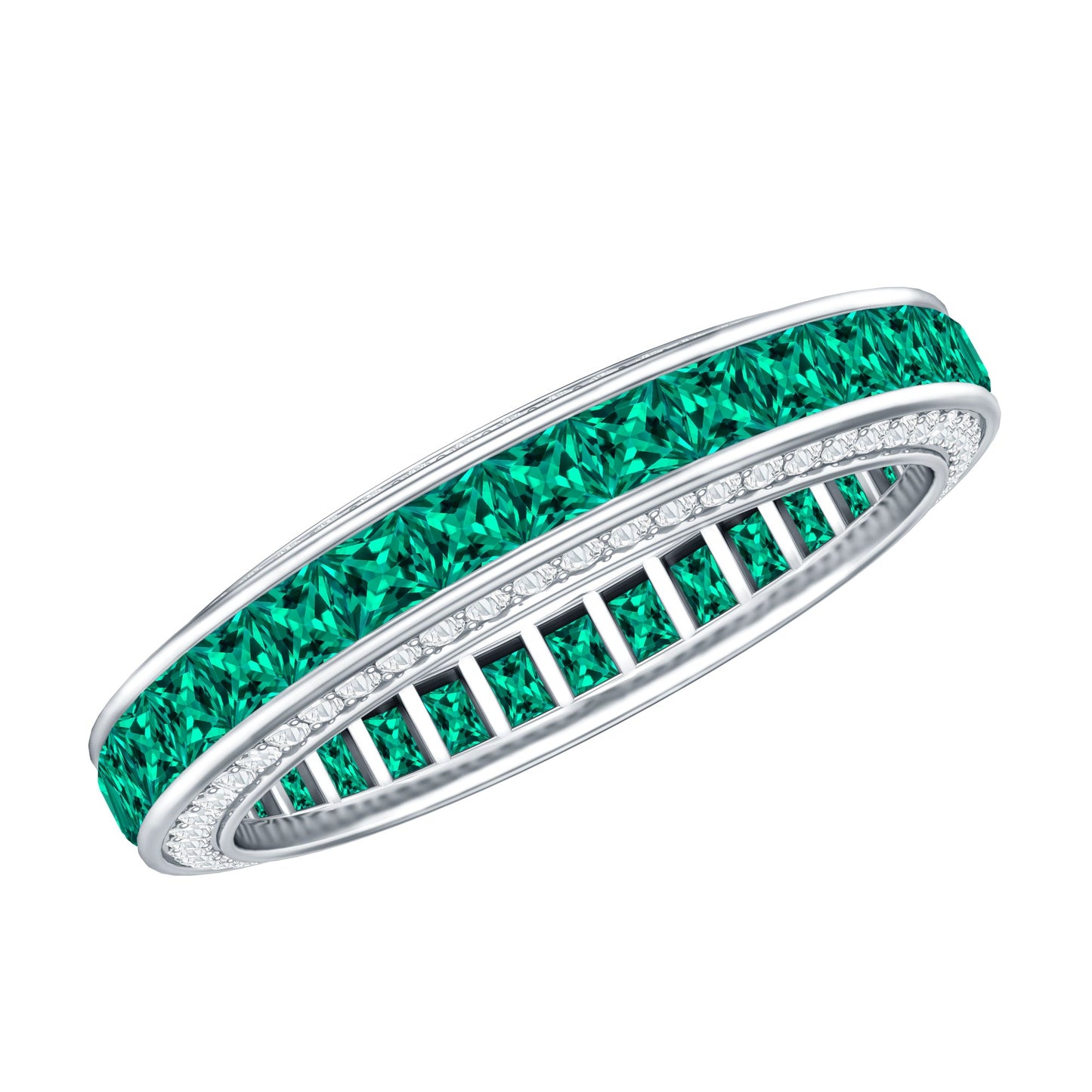 Certified Princess Cut Lab Grown Emerald Eternity Wedding Band in Channel Setting