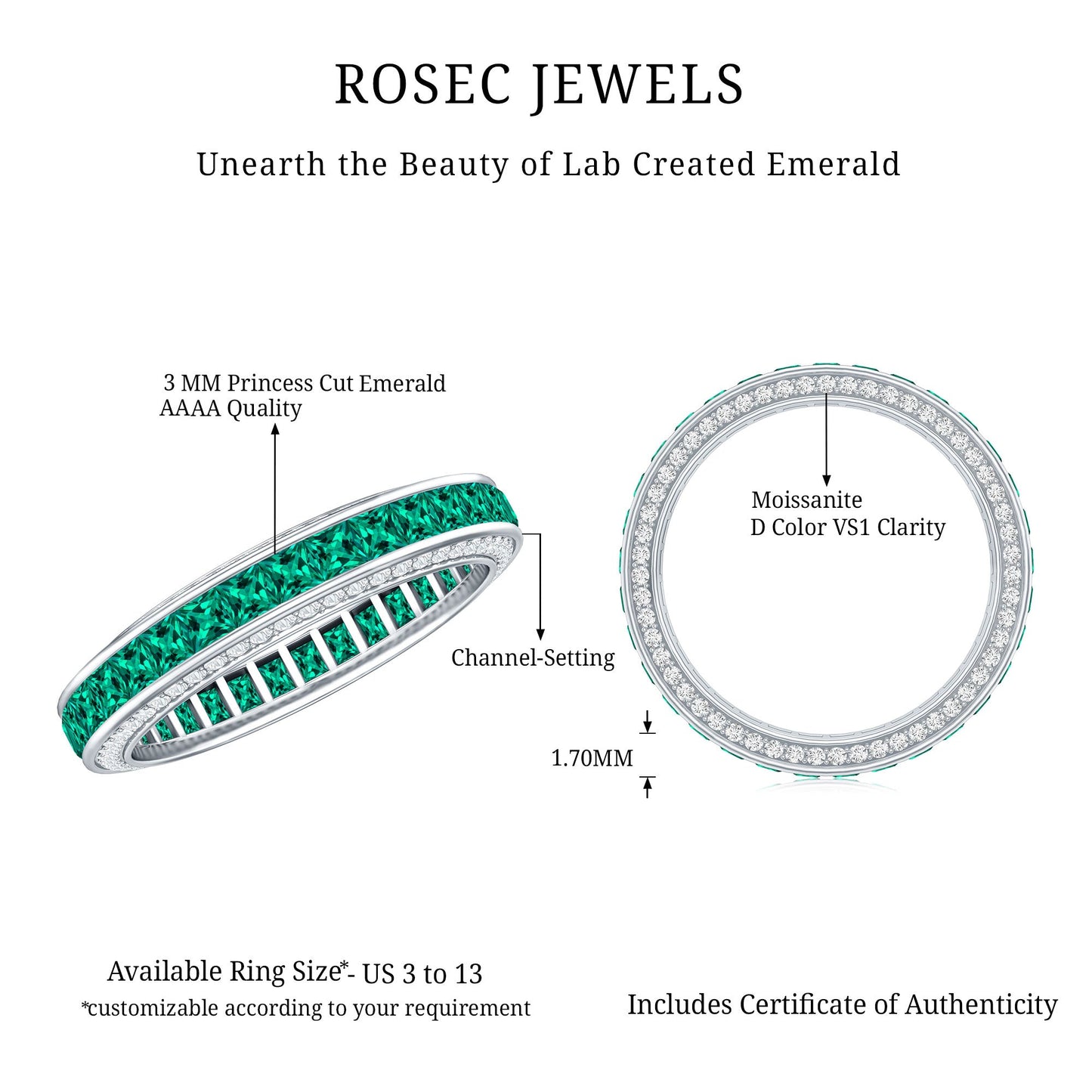 Certified Princess Cut Lab Grown Emerald Eternity Wedding Band in Channel Setting