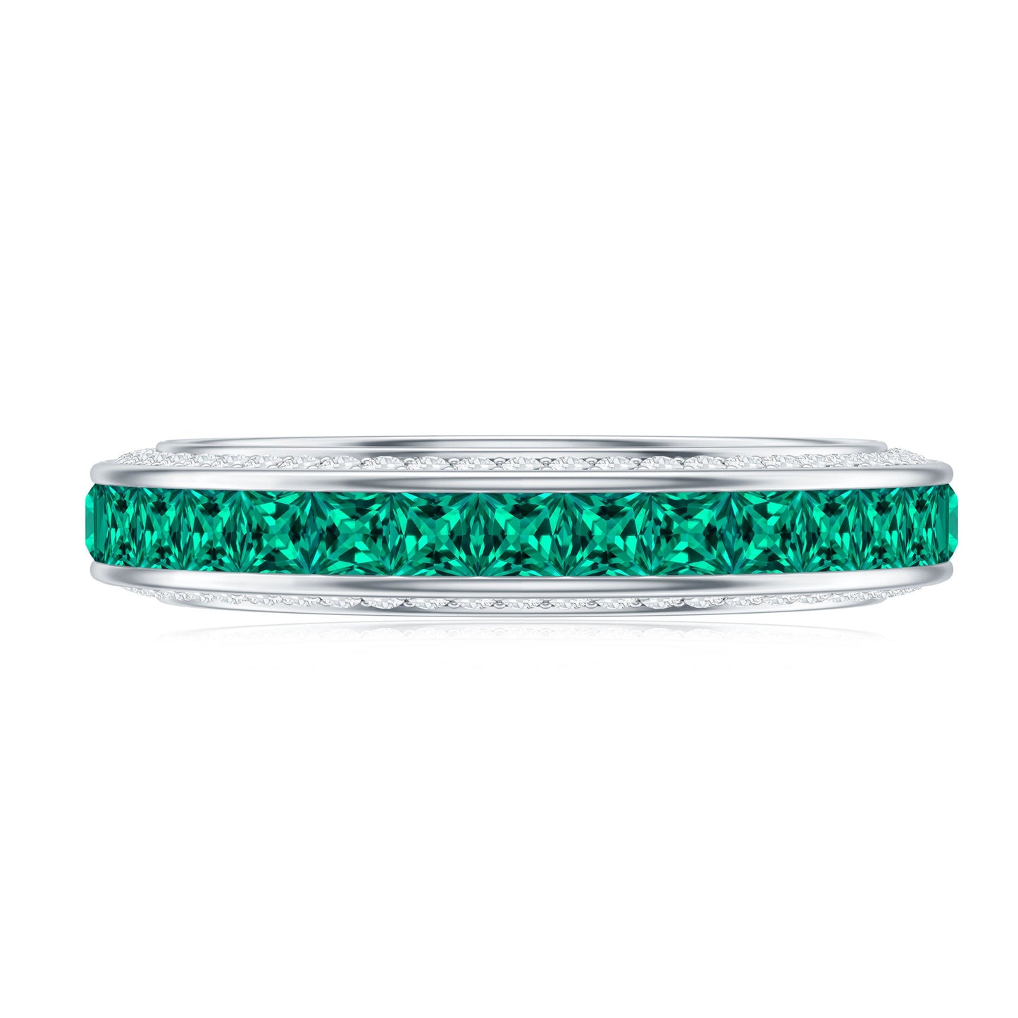Certified Princess Cut Lab Grown Emerald Eternity Wedding Band in Channel Setting