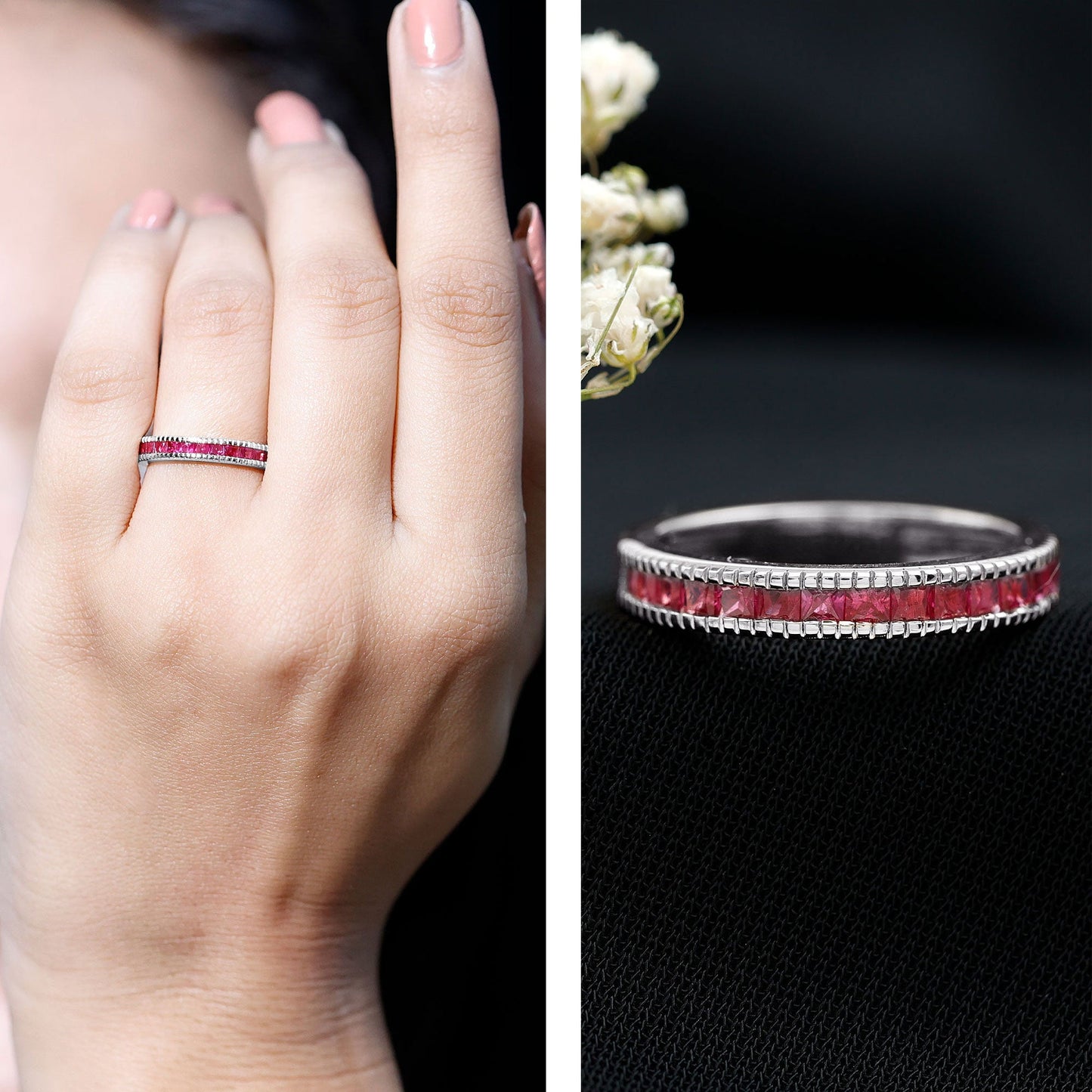 Natural Princess Cut Ruby Half Eternity Ring in Channel Set