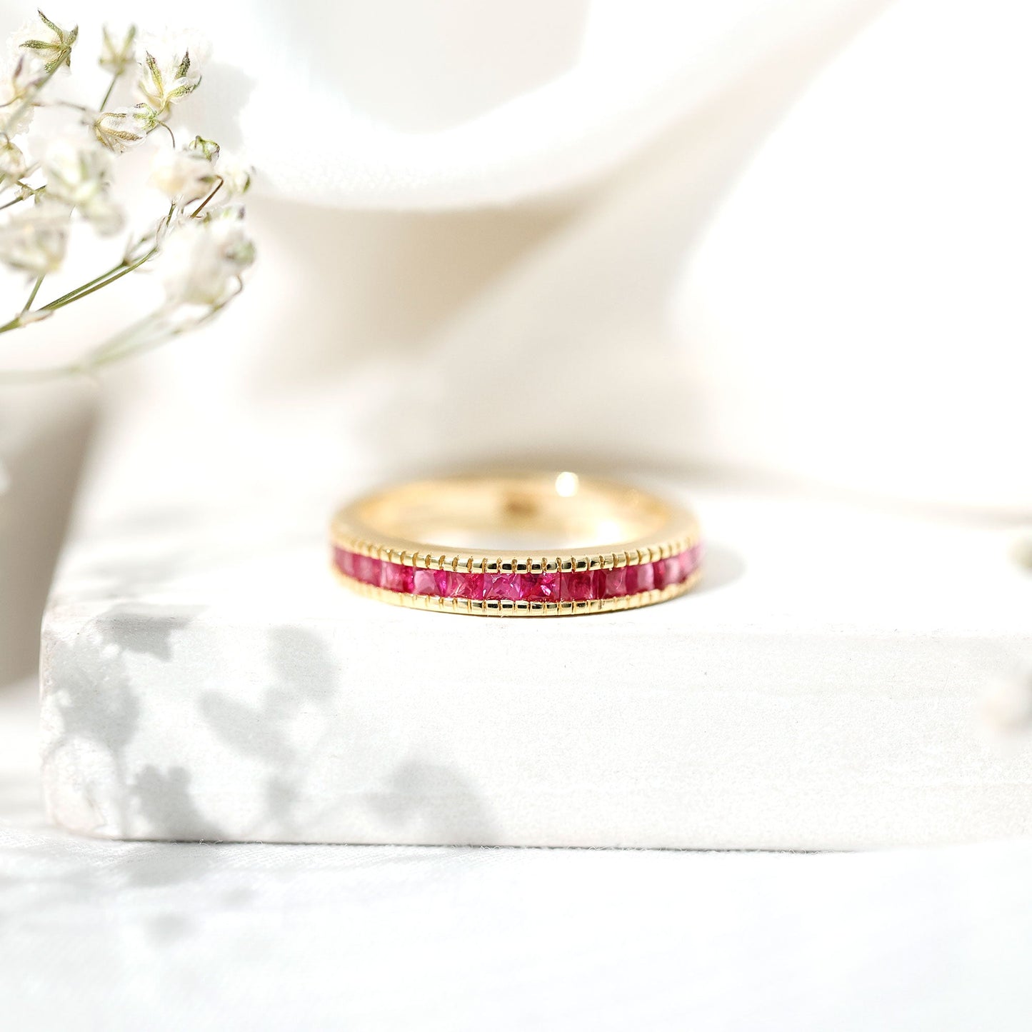 Natural Princess Cut Ruby Half Eternity Ring in Channel Set