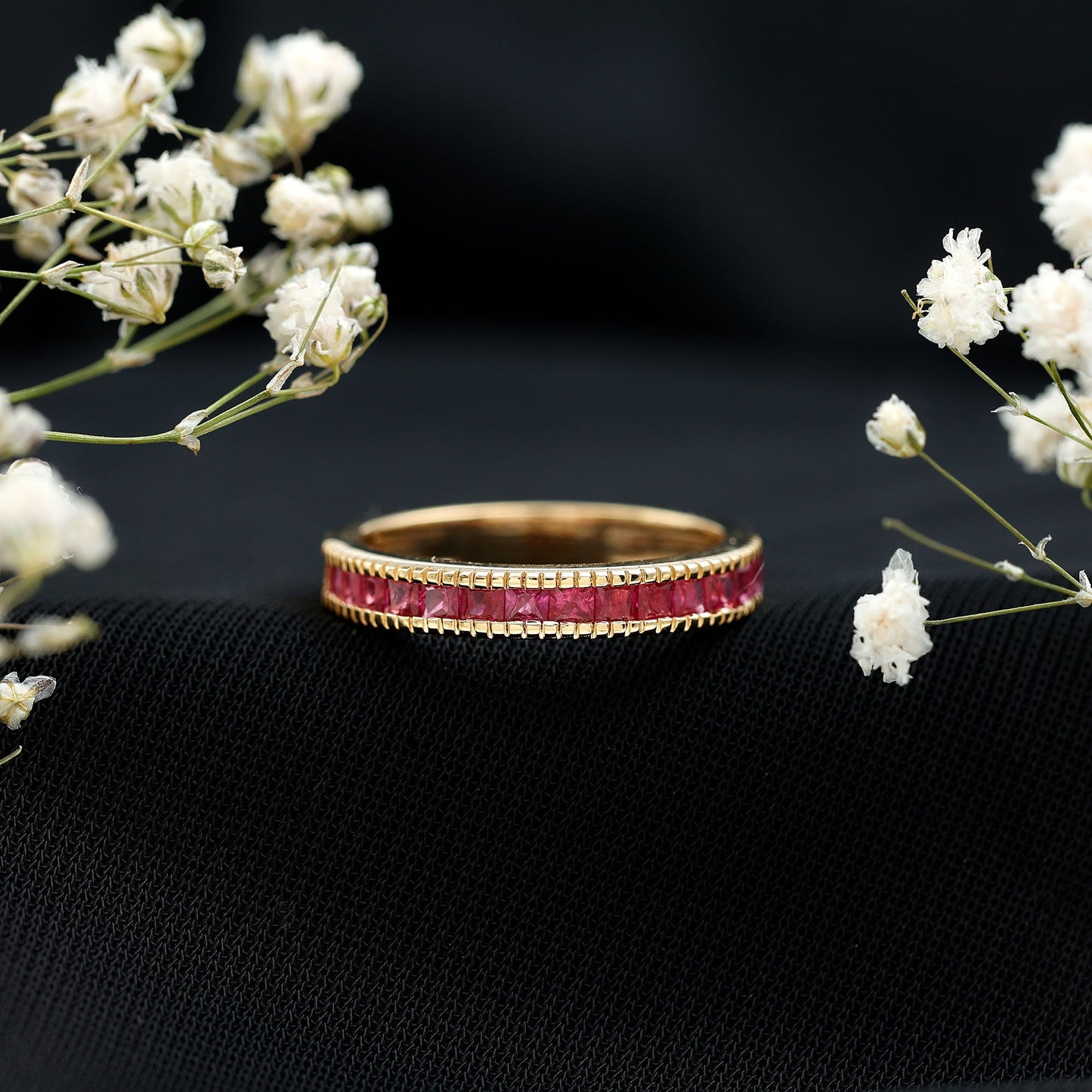 Natural Princess Cut Ruby Half Eternity Ring in Channel Set