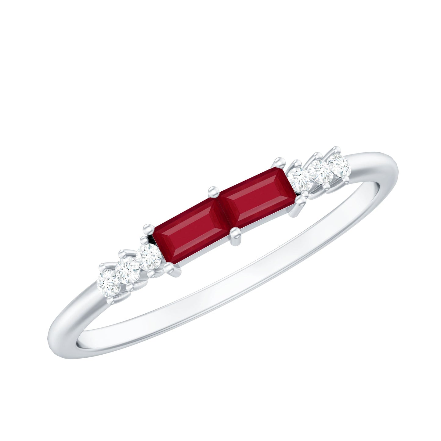 Natural Baguette Ruby 2 Stone Promise Ring with Diamond