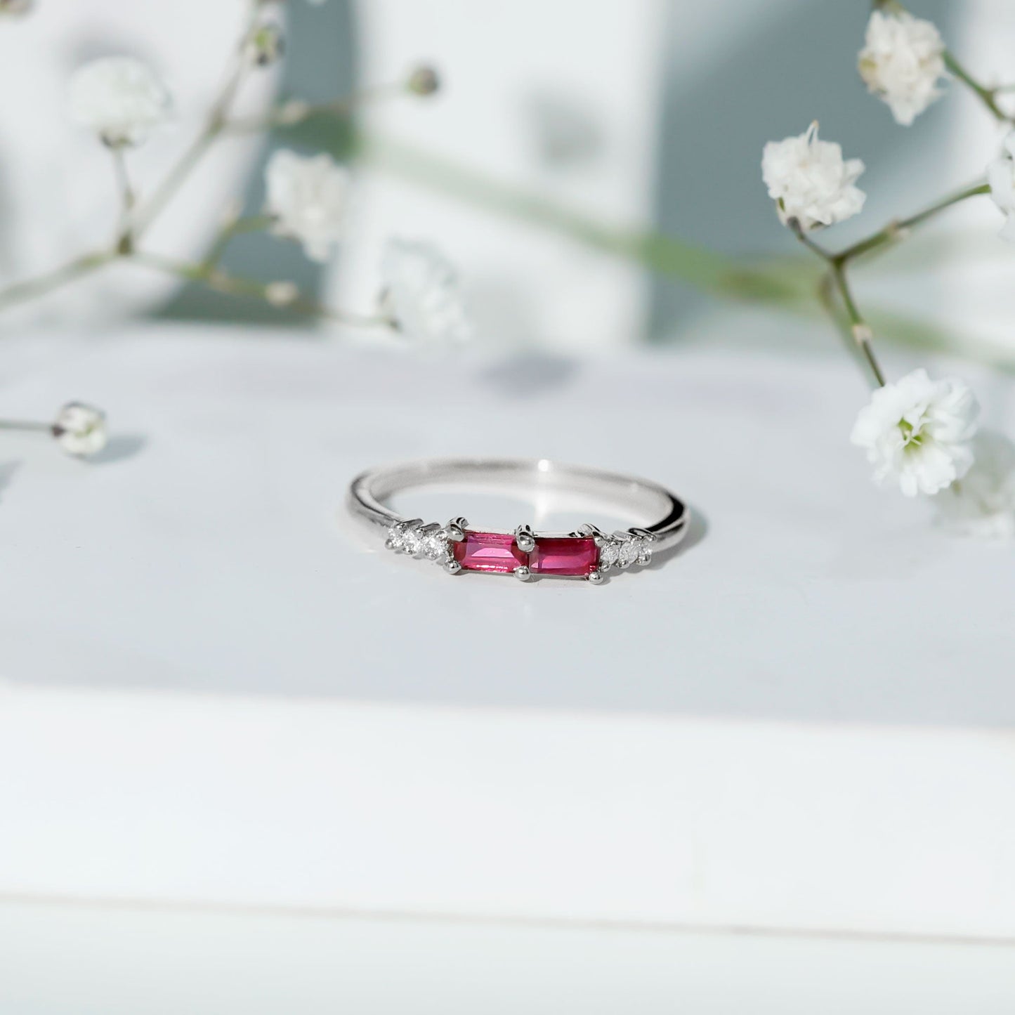 Natural Baguette Ruby 2 Stone Promise Ring with Diamond