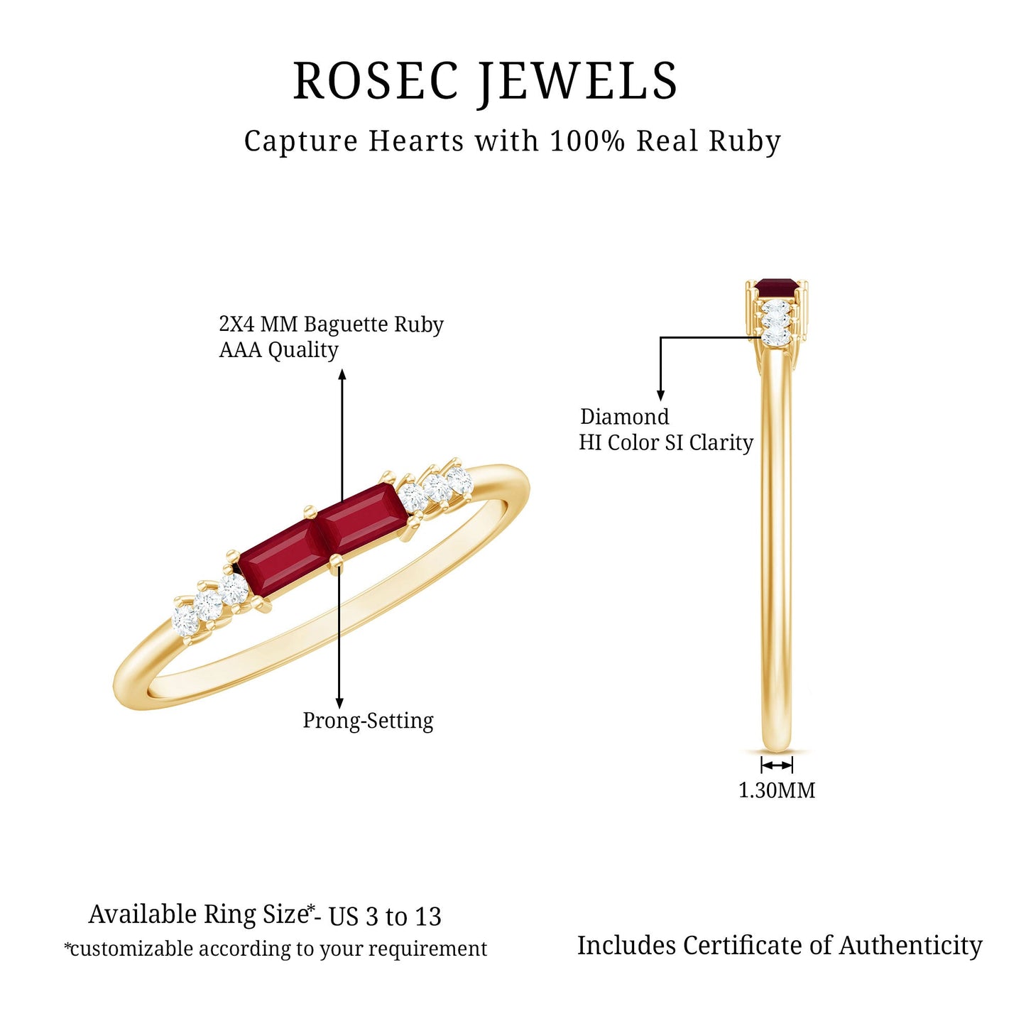 Natural Baguette Ruby 2 Stone Promise Ring with Diamond