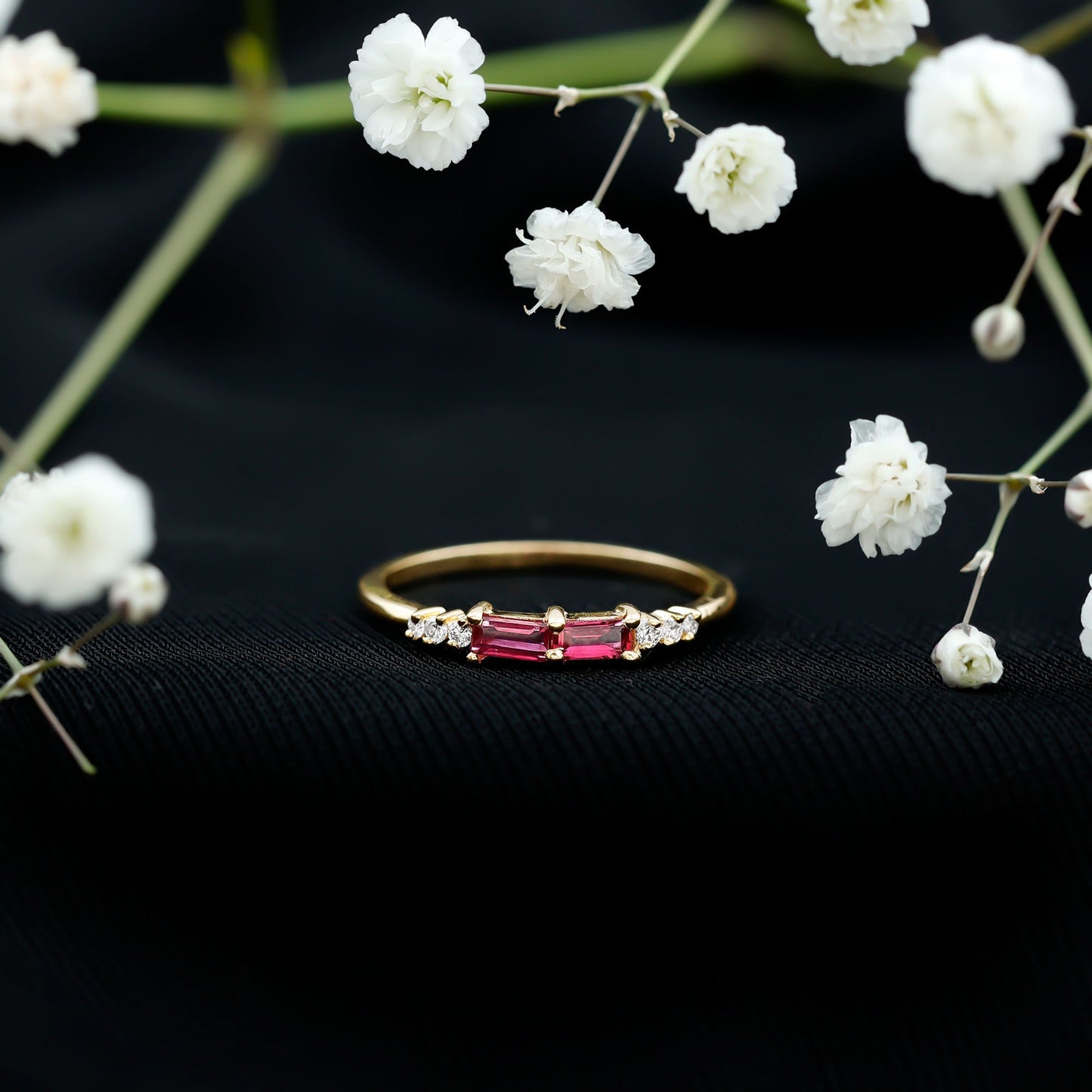Natural Baguette Ruby 2 Stone Promise Ring with Diamond