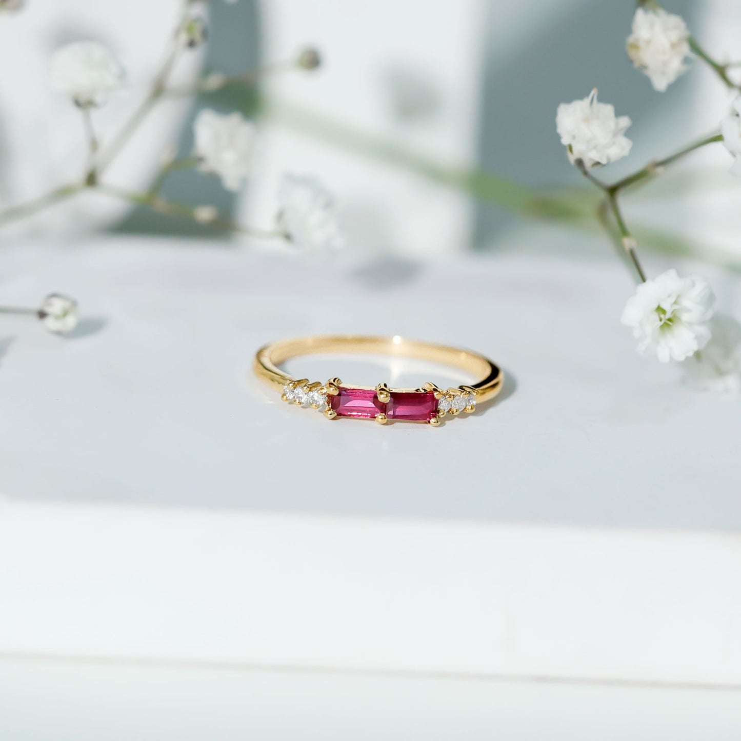 Natural Baguette Ruby 2 Stone Promise Ring with Diamond