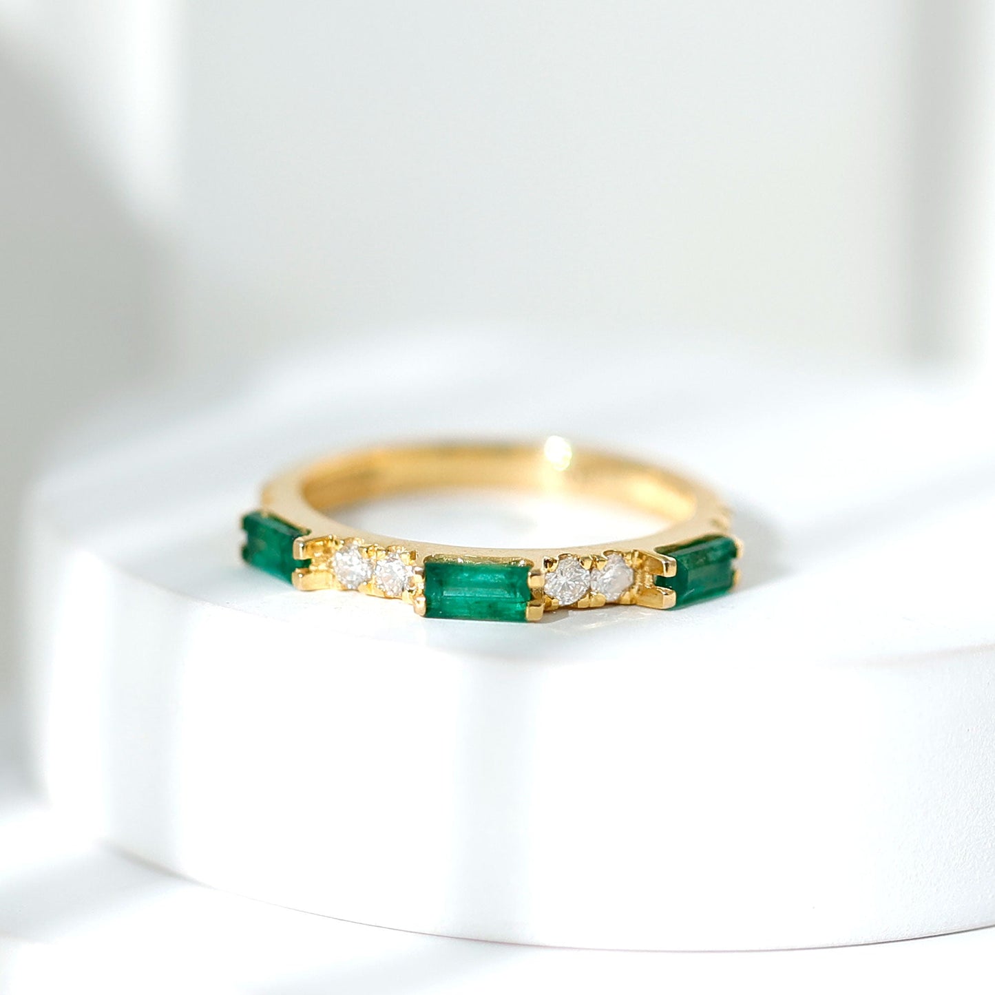 Stackable Green Emerald and Diamond Ring in Prong Setting