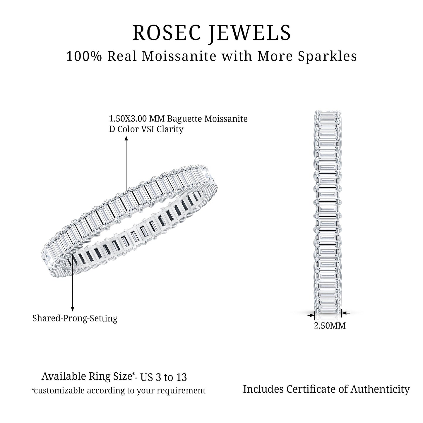 Baguette Cut Moissanite Eternity Ring in Shared Prong Setting