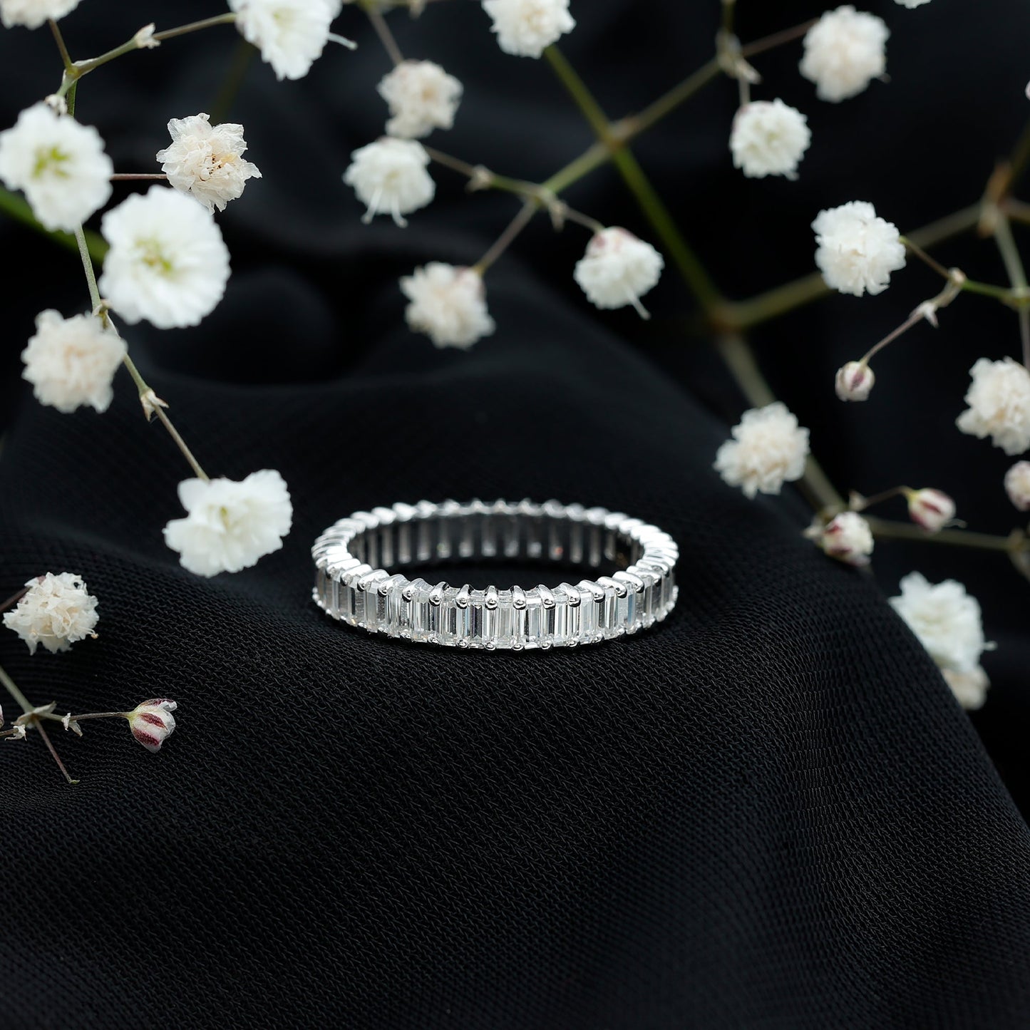 Baguette Cut Moissanite Eternity Ring in Shared Prong Setting