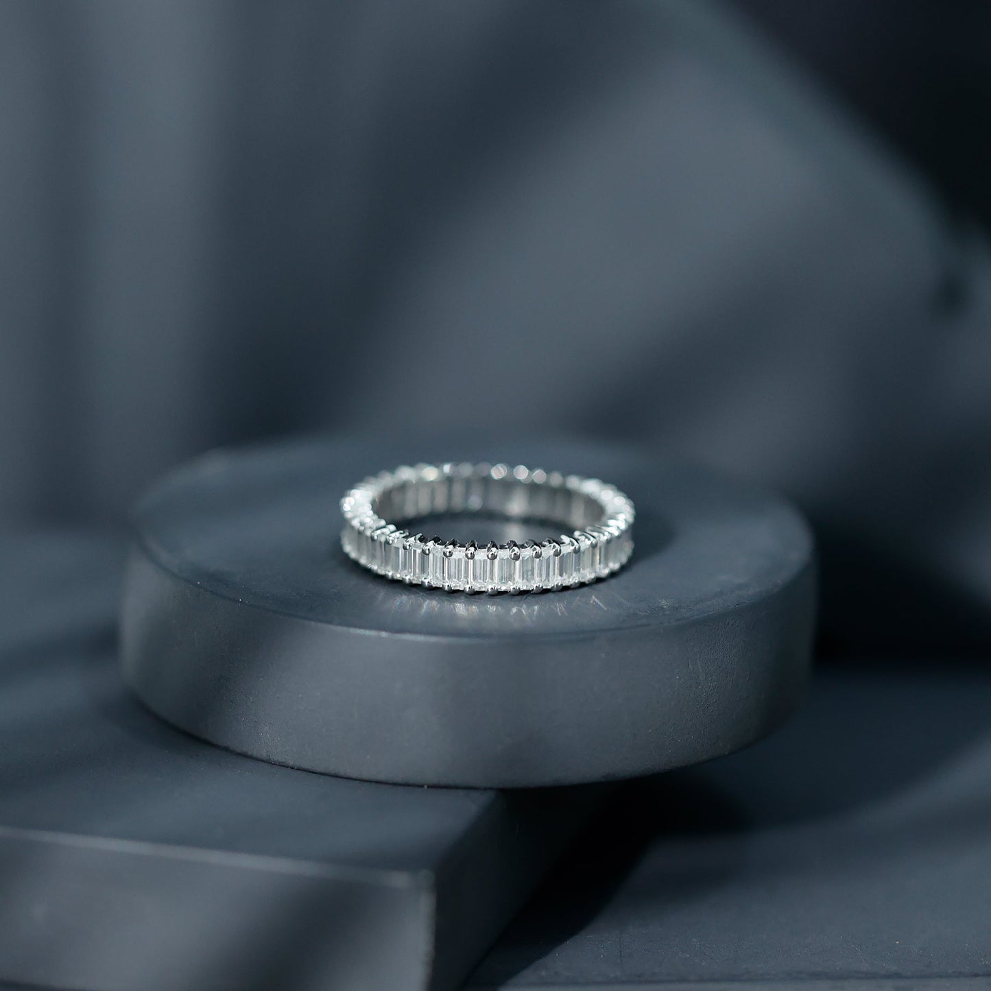 Baguette Cut Moissanite Eternity Ring in Shared Prong Setting