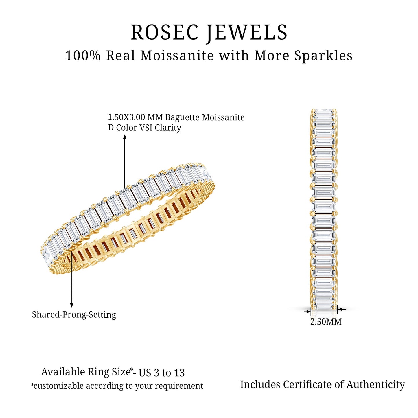 Baguette Cut Moissanite Eternity Ring in Shared Prong Setting