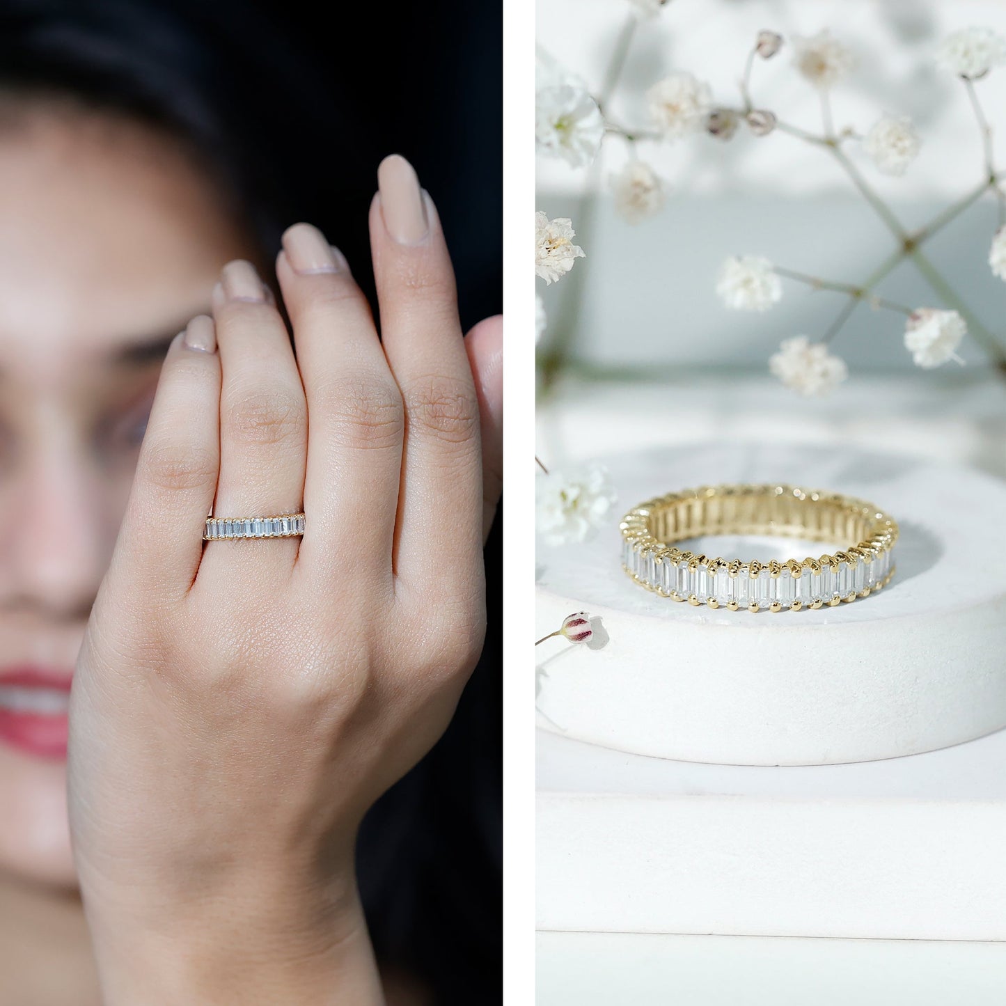 Baguette Cut Moissanite Eternity Ring in Shared Prong Setting