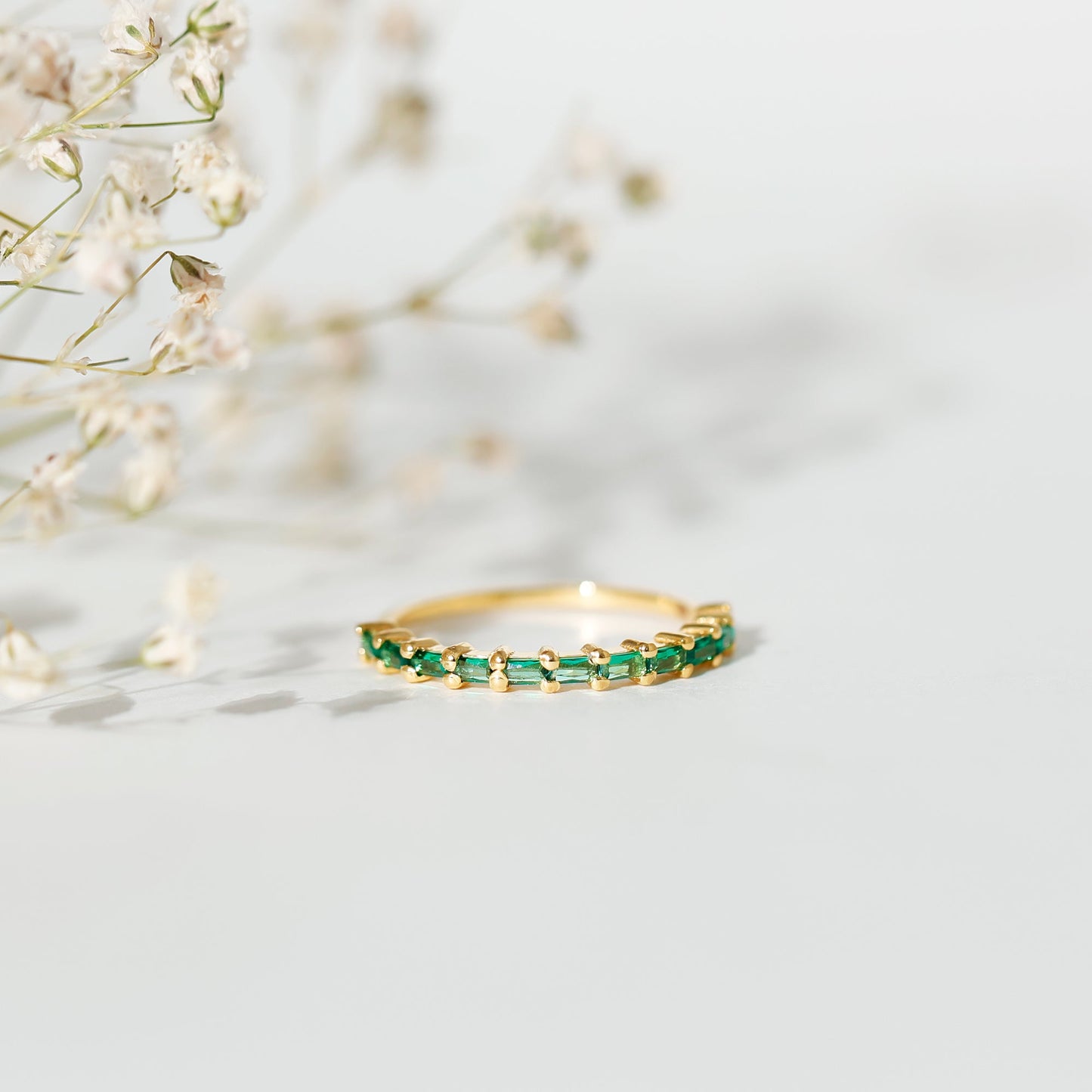 Baguette Cut Lab Grown Emerald Stackable Ring